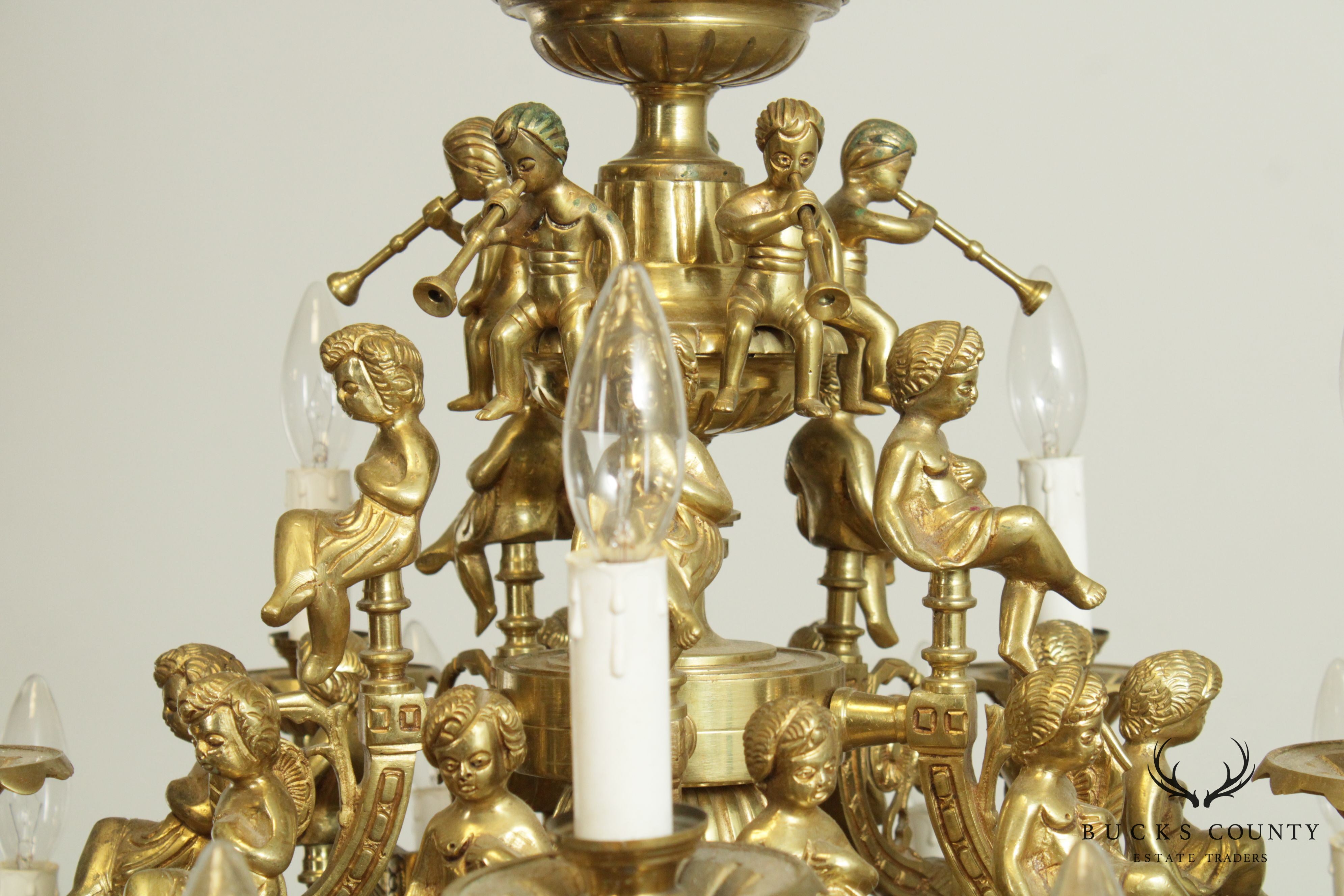 Vintage Rococo Style Heavy Brass  Figural Putti  Chandelier