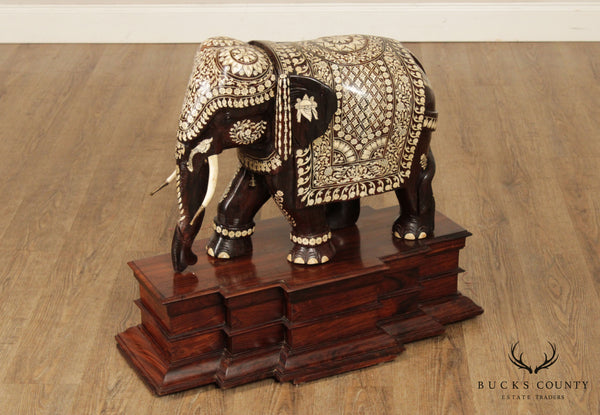 Antique Large Indian Carved Rosewood Bone Inlaid Elephant Statue on Base