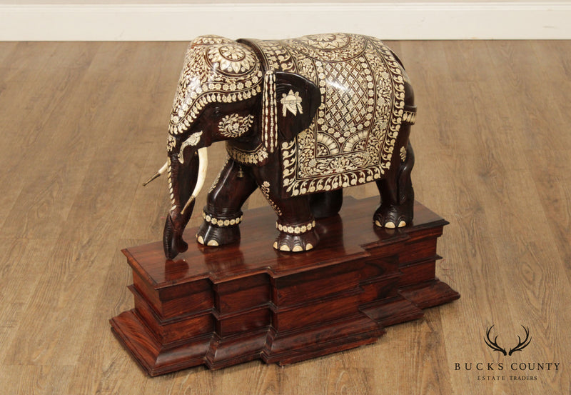 Antique Large Indian Carved Rosewood Bone Inlaid Elephant Statue on Base