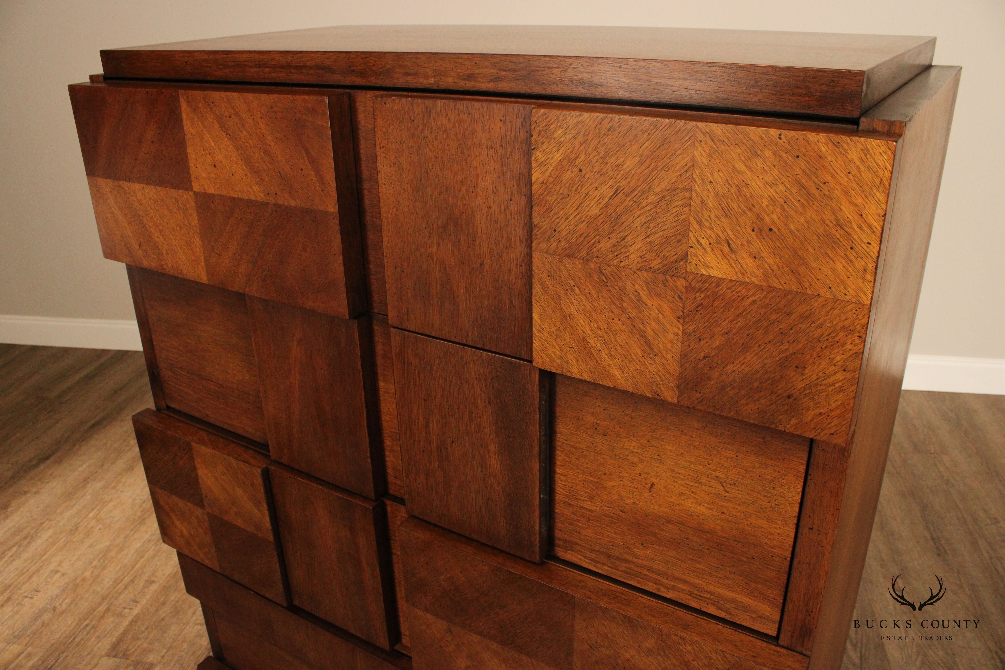 Lane Mid Century Brutalist Walnut Tall Chest of Drawers