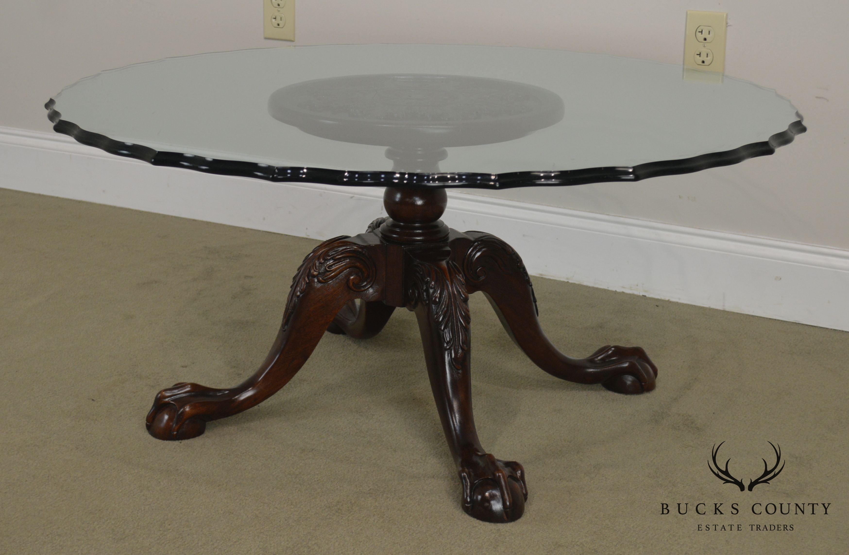 Carved Mahogany Ball & Claw Chippendale Style Glass Top Coffee Table