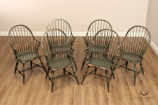 Custom Quality Set of Six Distress Painted Windsor Dining Chairs