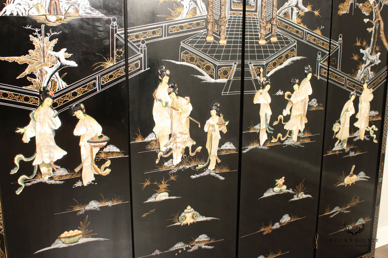 Asian Decorated Black Lacquer Four-Panel Folding Screen