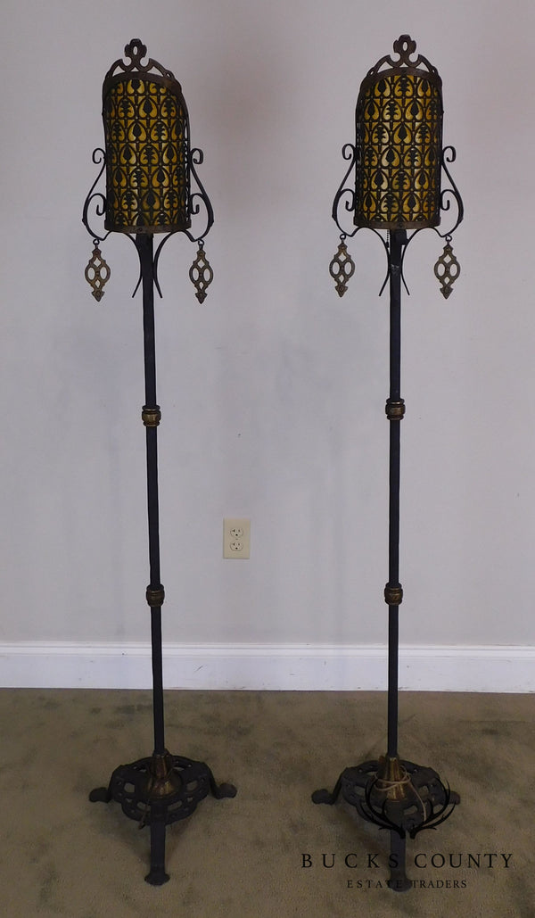 Pair Cast Iron and Gilt Spanish-Morrocan Revival Floor Lamps in the Manner of Oscar Bach