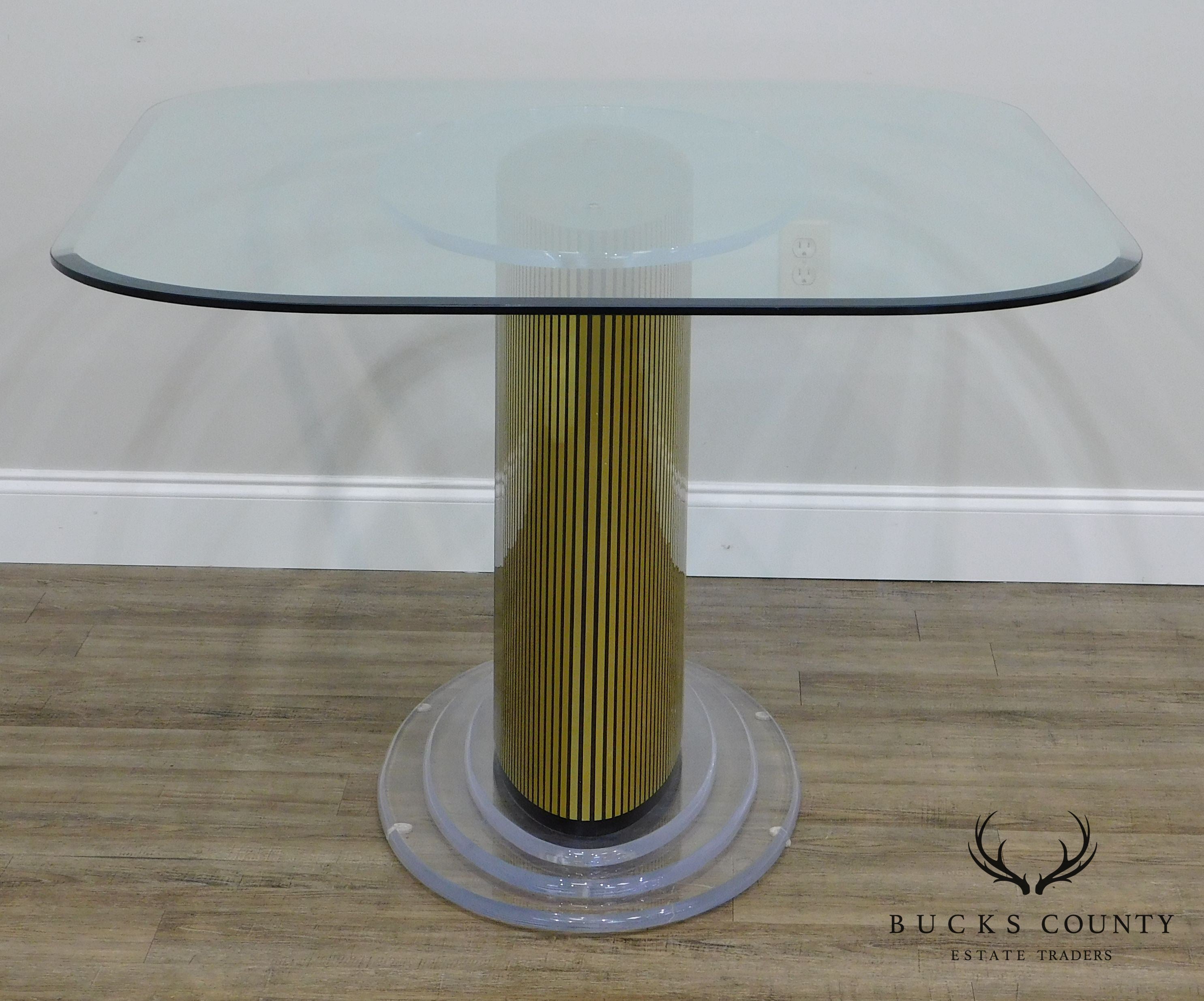 Mid Century Modern Lucite and Gold pedestal Base Glass Top Dining Table