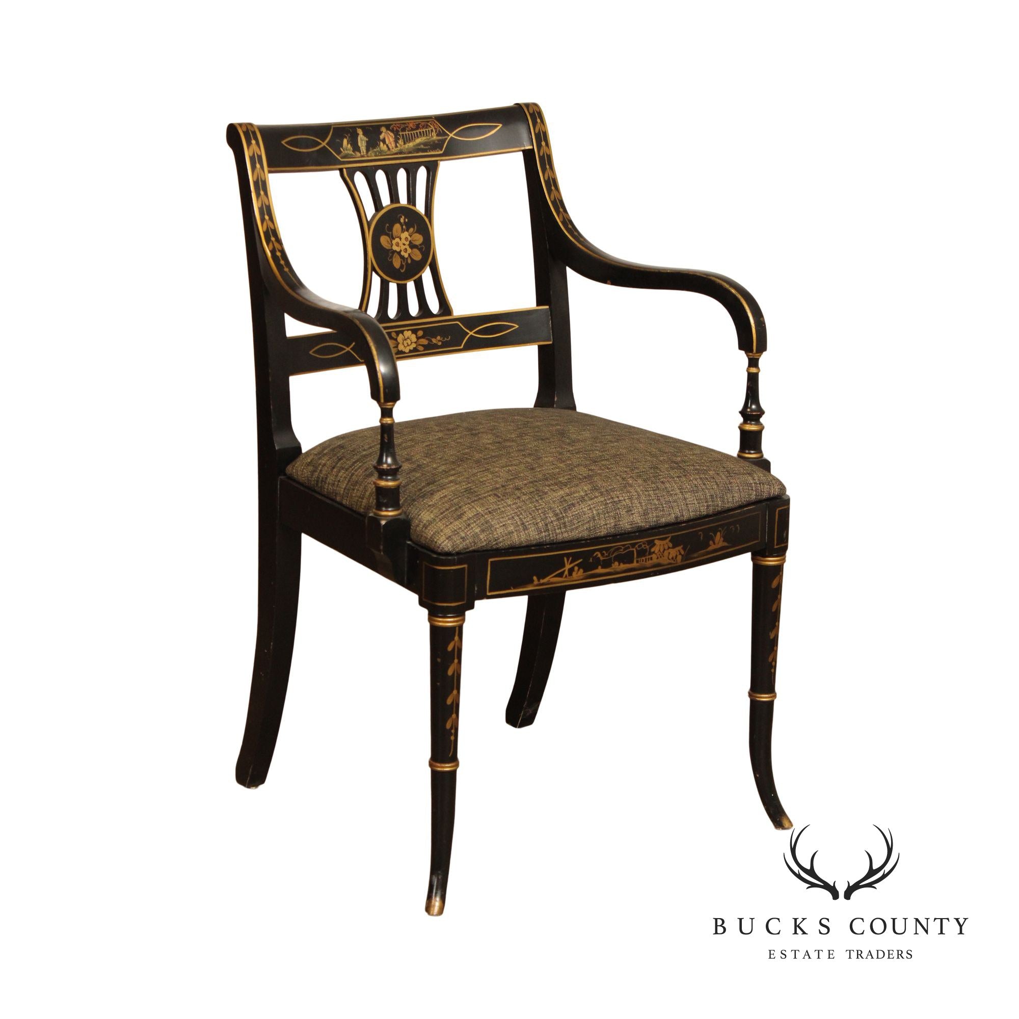 MID CENTURY CHINOISERIE REGENCY STYLE EBONIZED ARMCHAIR