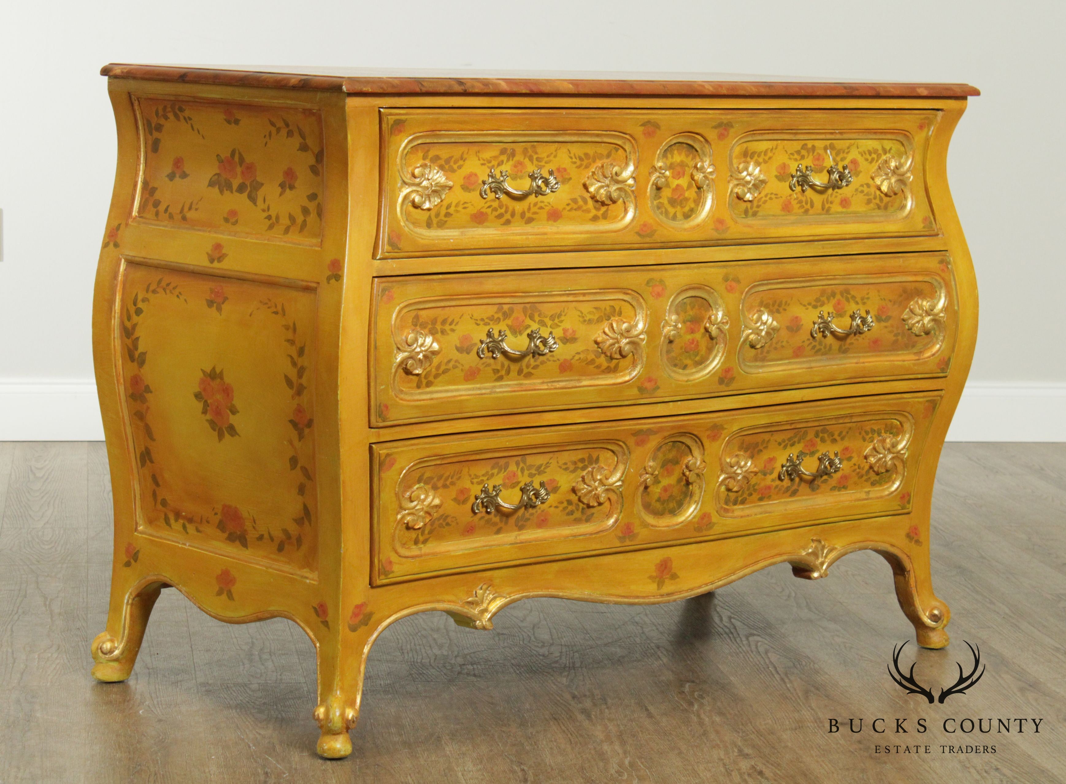 French Louis XV Style Vintage Hand Painted Bombe Commode Chest