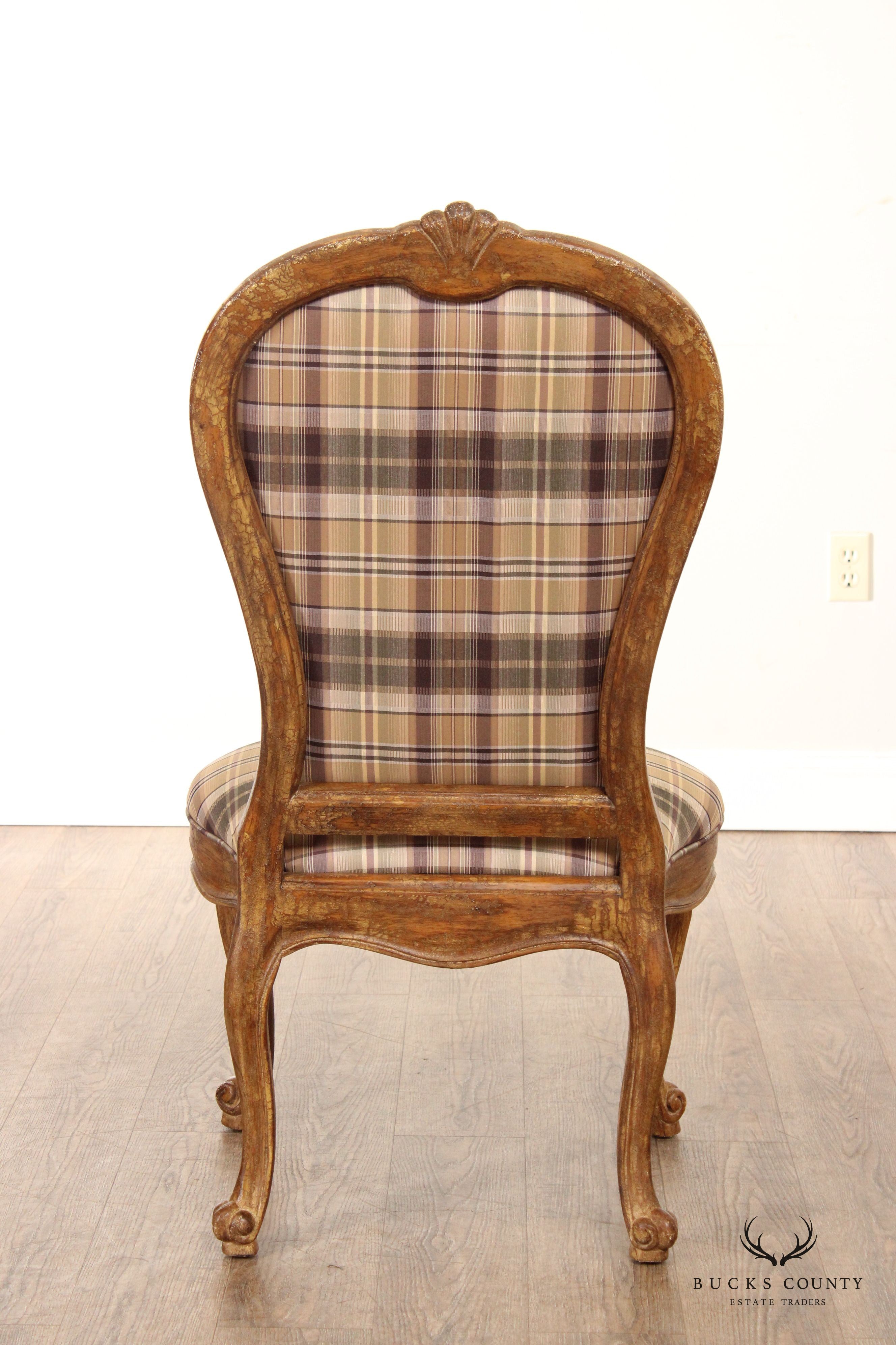 French Louis XV Style Set Six Plaid Upholstered Dining Chairs