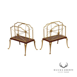 Decorative Crafts Inc. Regency Style Pair of Brass and Cherry Magazine Racks