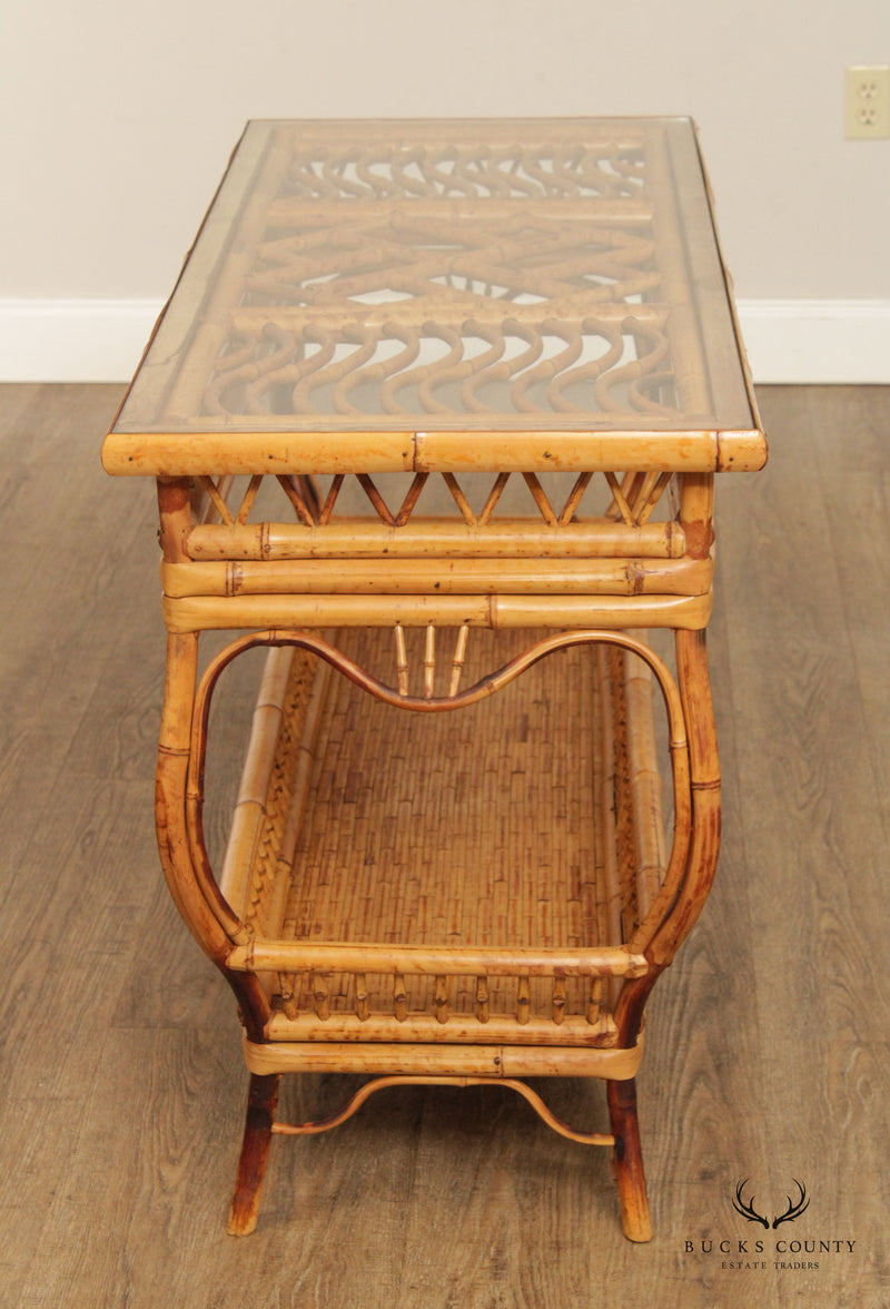 Mid Century Rattan and Curved Bamboo Glass Top Console Table