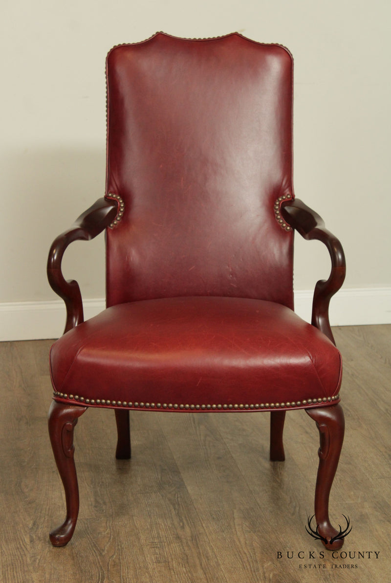 Drexel Heritage Queen Anne Style Pair Leather Armchairs