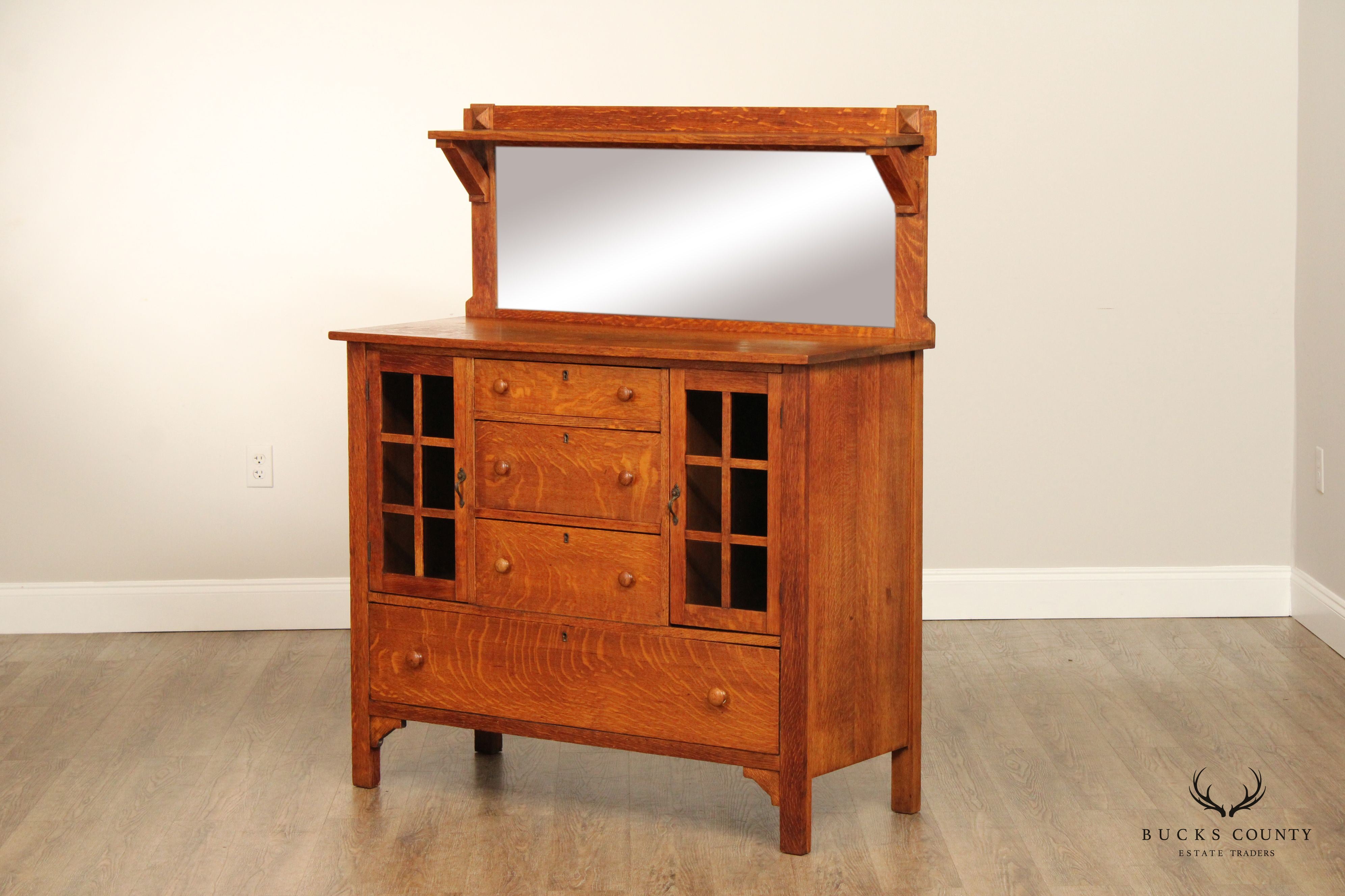 Larkin Co. Antique Mission Oak and Glass Sideboard Buffet