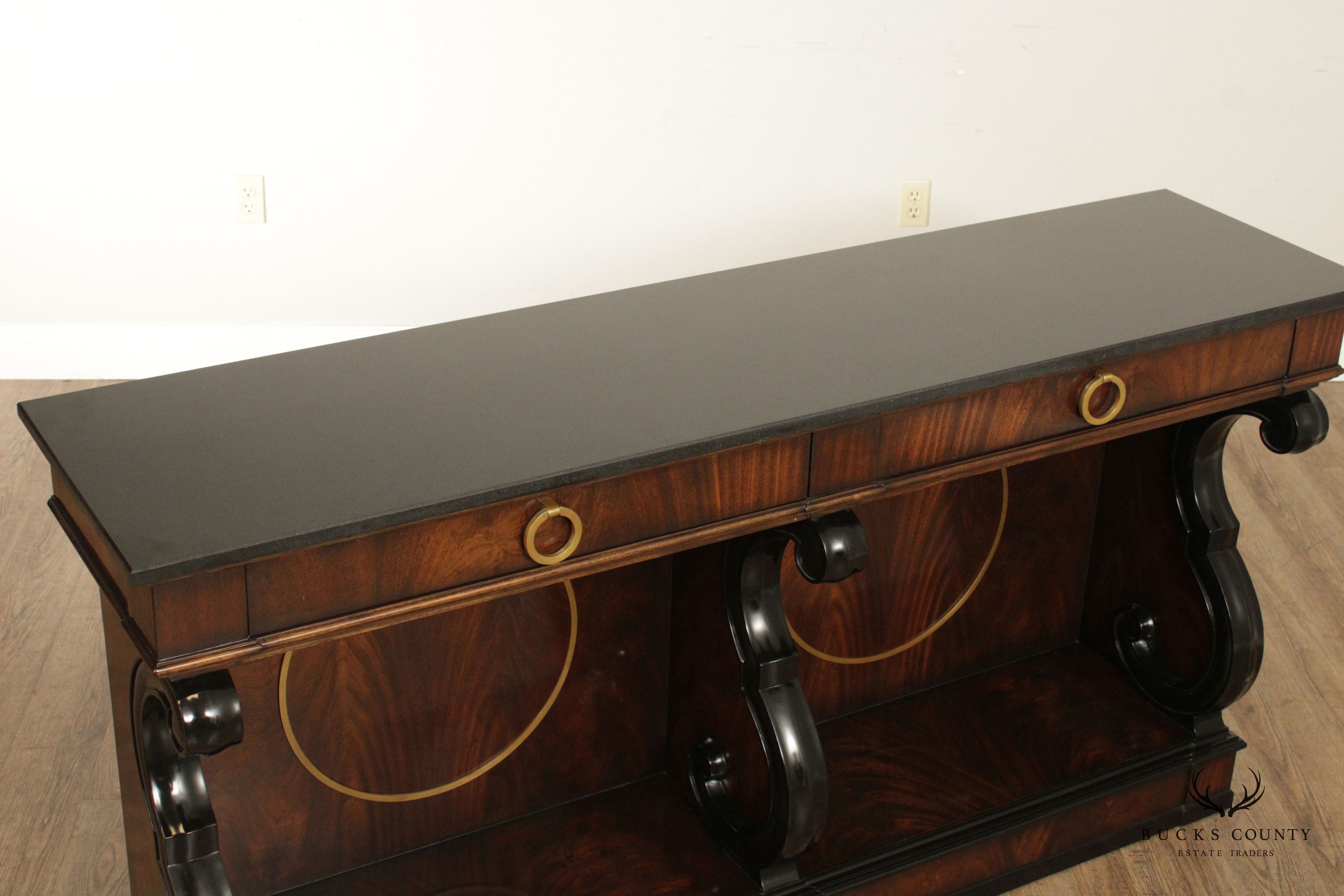 Mahogany Regency Style Granite Top Sideboard with Scroll Brackets