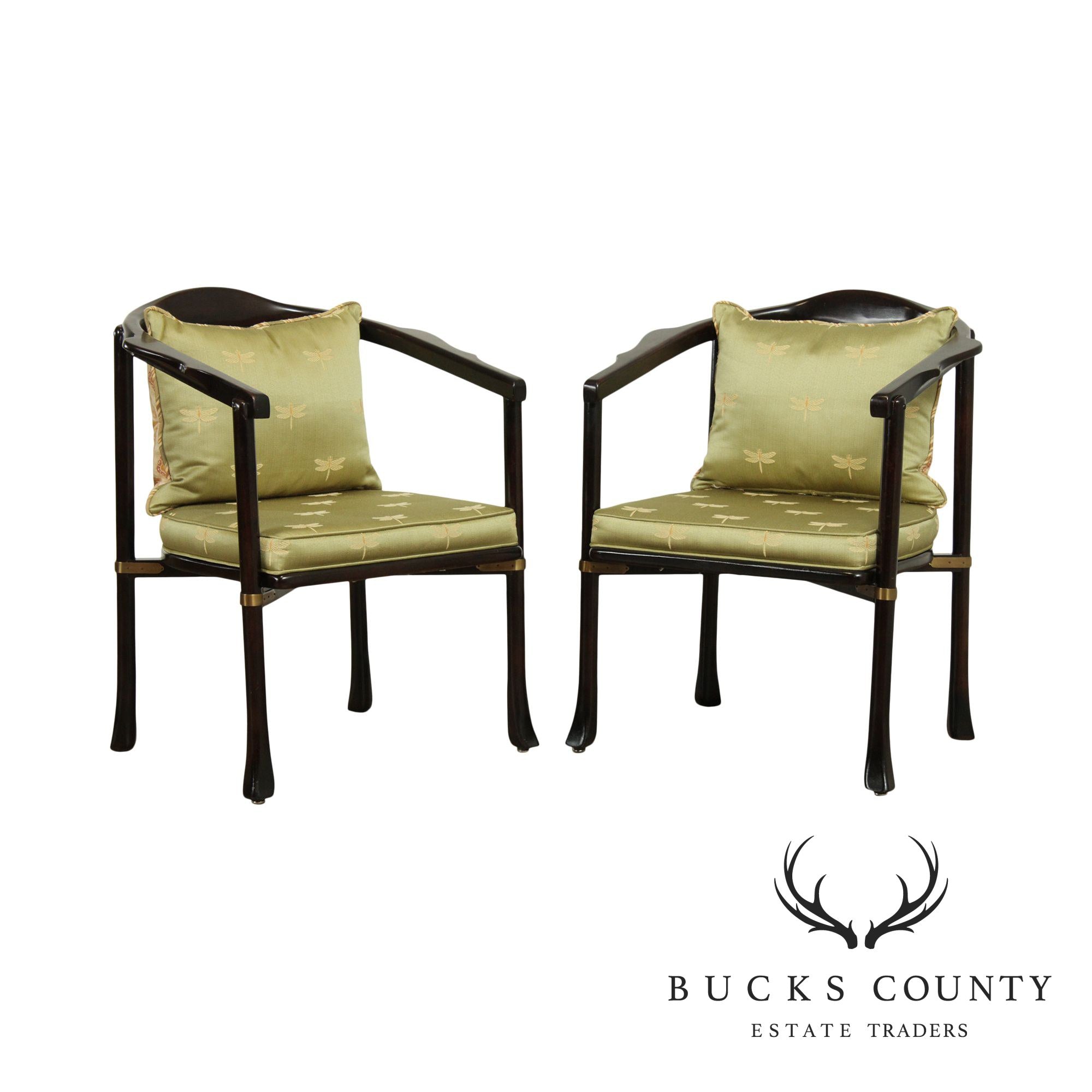 Century Mid Century Asian Inspired Pair Ebony Armchairs