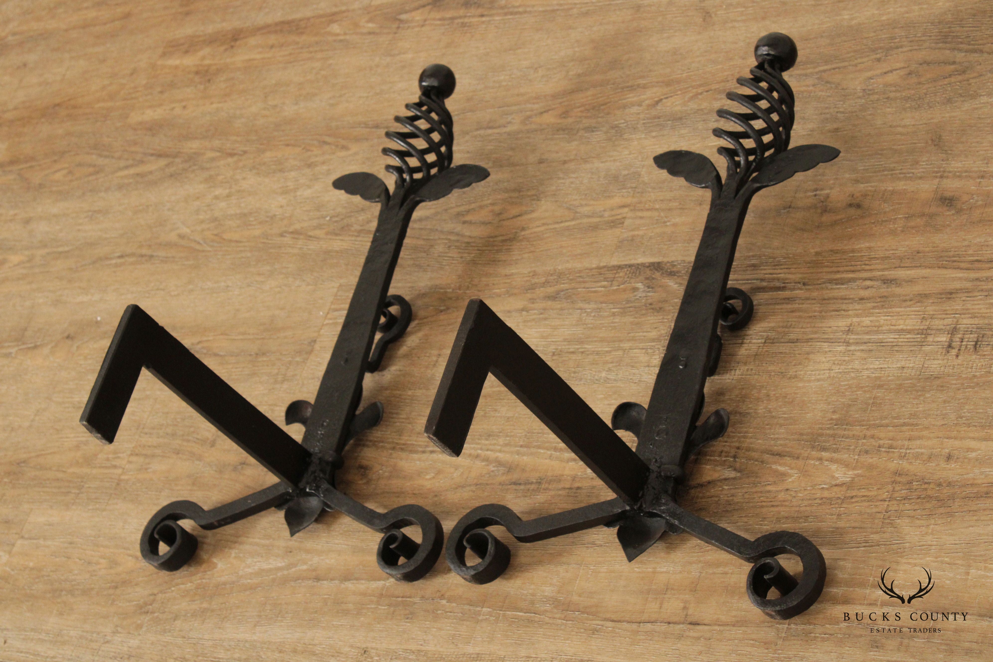 Quality Pair Of Hand Forged Iron Andirons