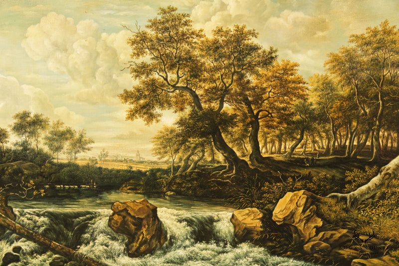 Vintage 'Landscape with Waterfall' Large Painting After Jacob van Ruisdael