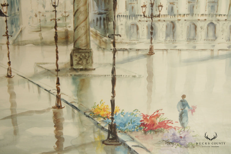 French 20th C. 'Place Vendome Paris' Large Watercolor Painting, by Eugenie Christie