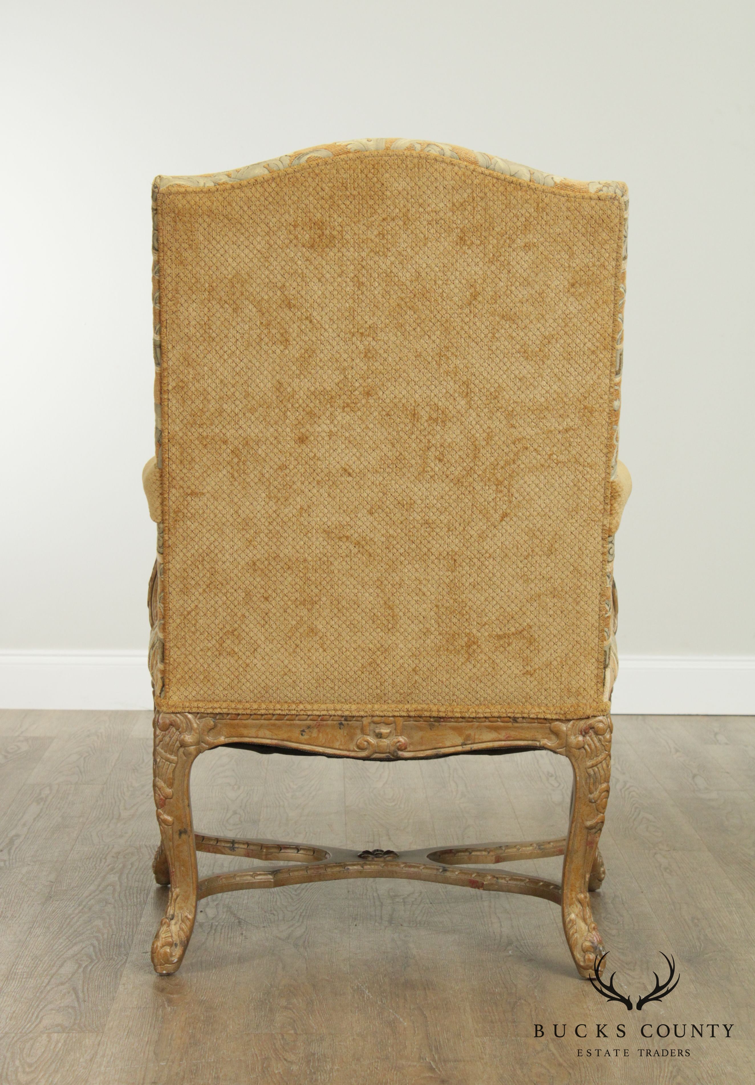 Wesley Hall Louis XV Style Carved Frame Armchair, Custom Upholstery