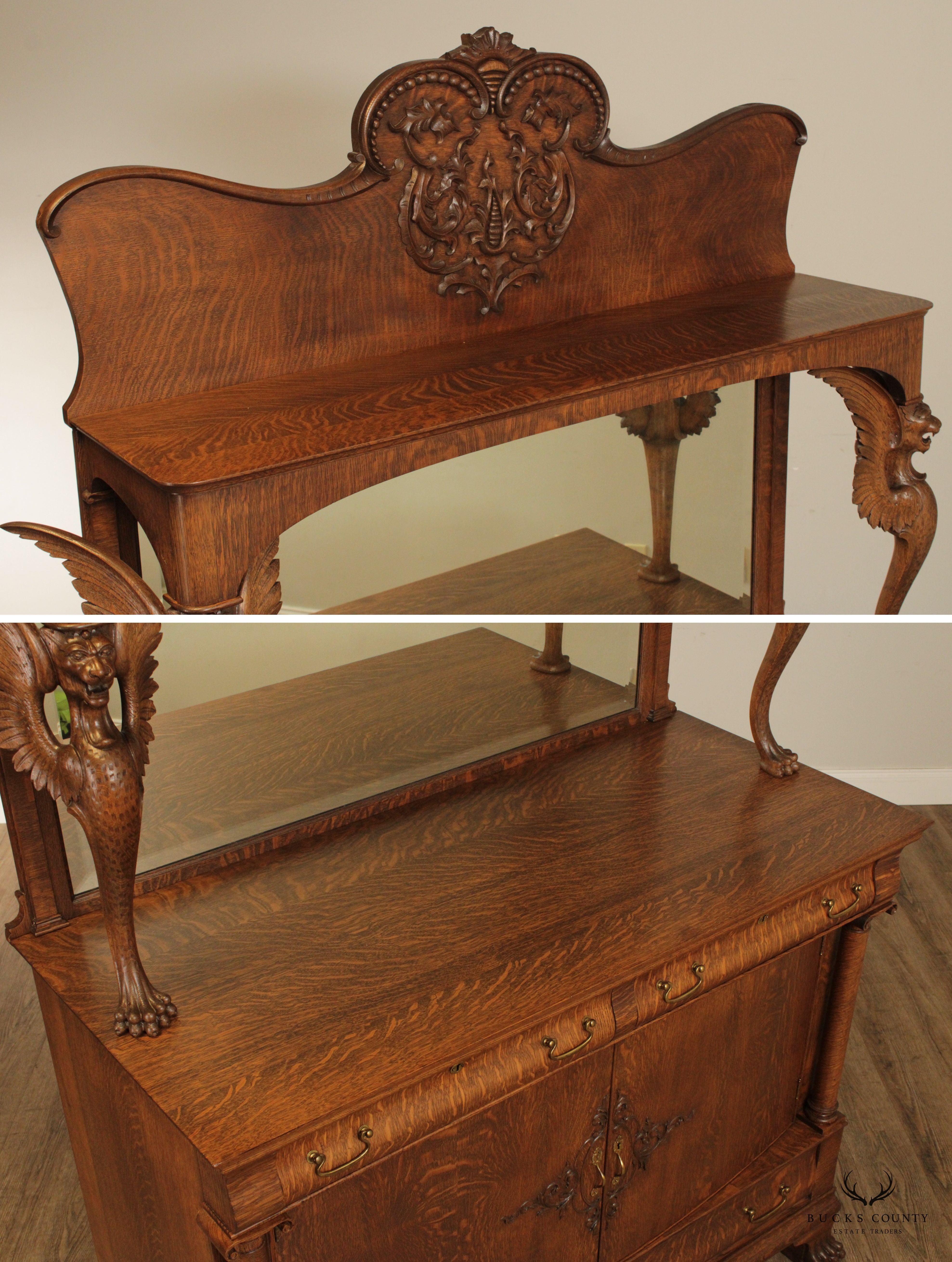 Antique Victorian Winged Griffin Carved Oak Sideboard Buffet