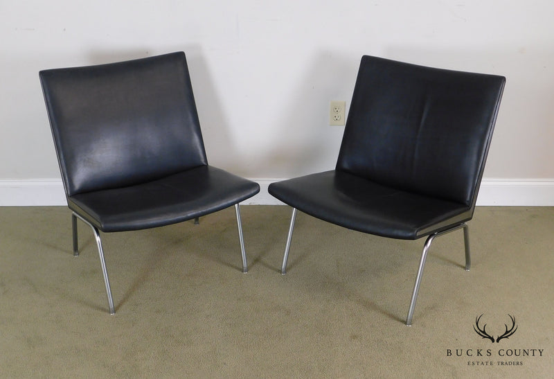 Hans Wegner Mid Century Danish Modern Pair Black Leather & Chrome Airport Lounge Chairs