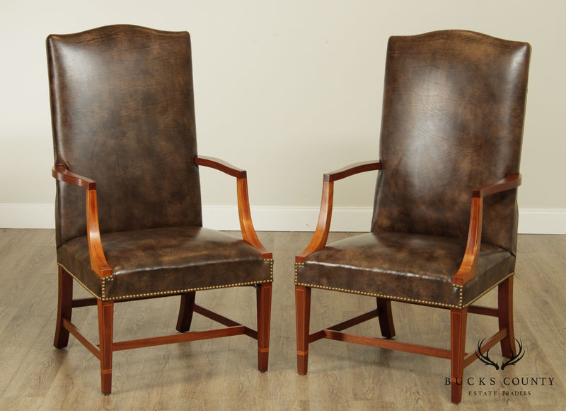 Hepplewhite Style Custom Mahogany Inlaid Brown Leather Pair Martha Washington Lolling Chairs