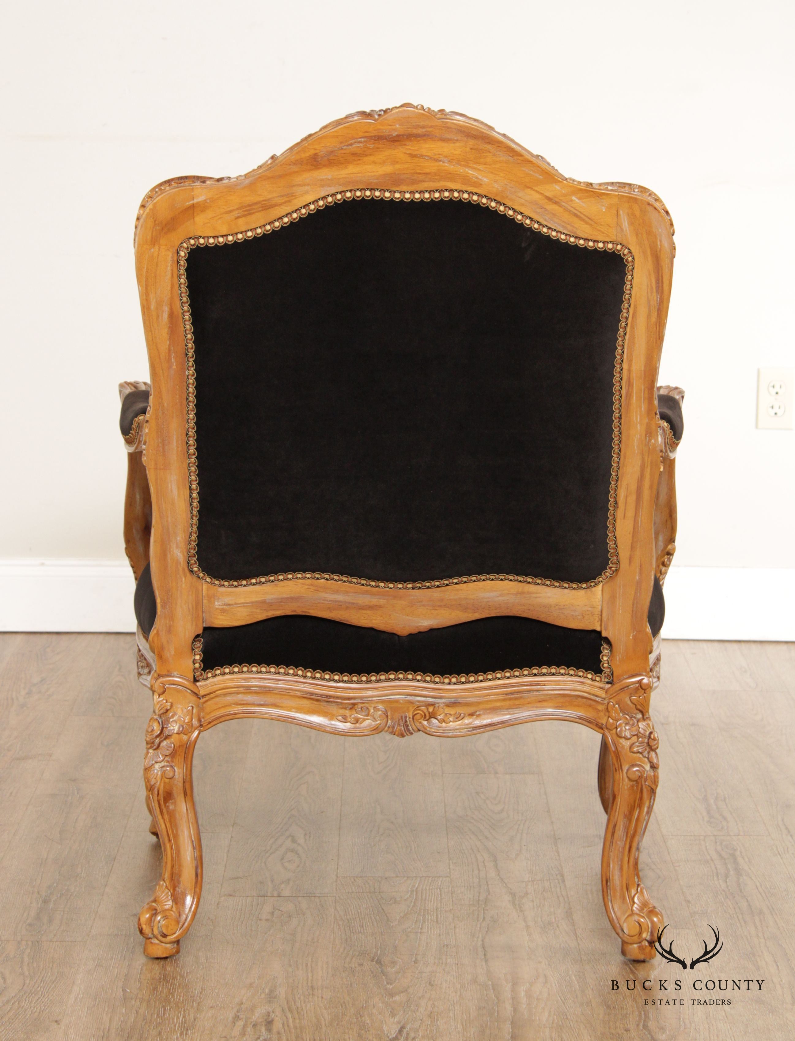 Michael Thomas French Louis XV Style Carved Frame Needlepoint Arm Chair