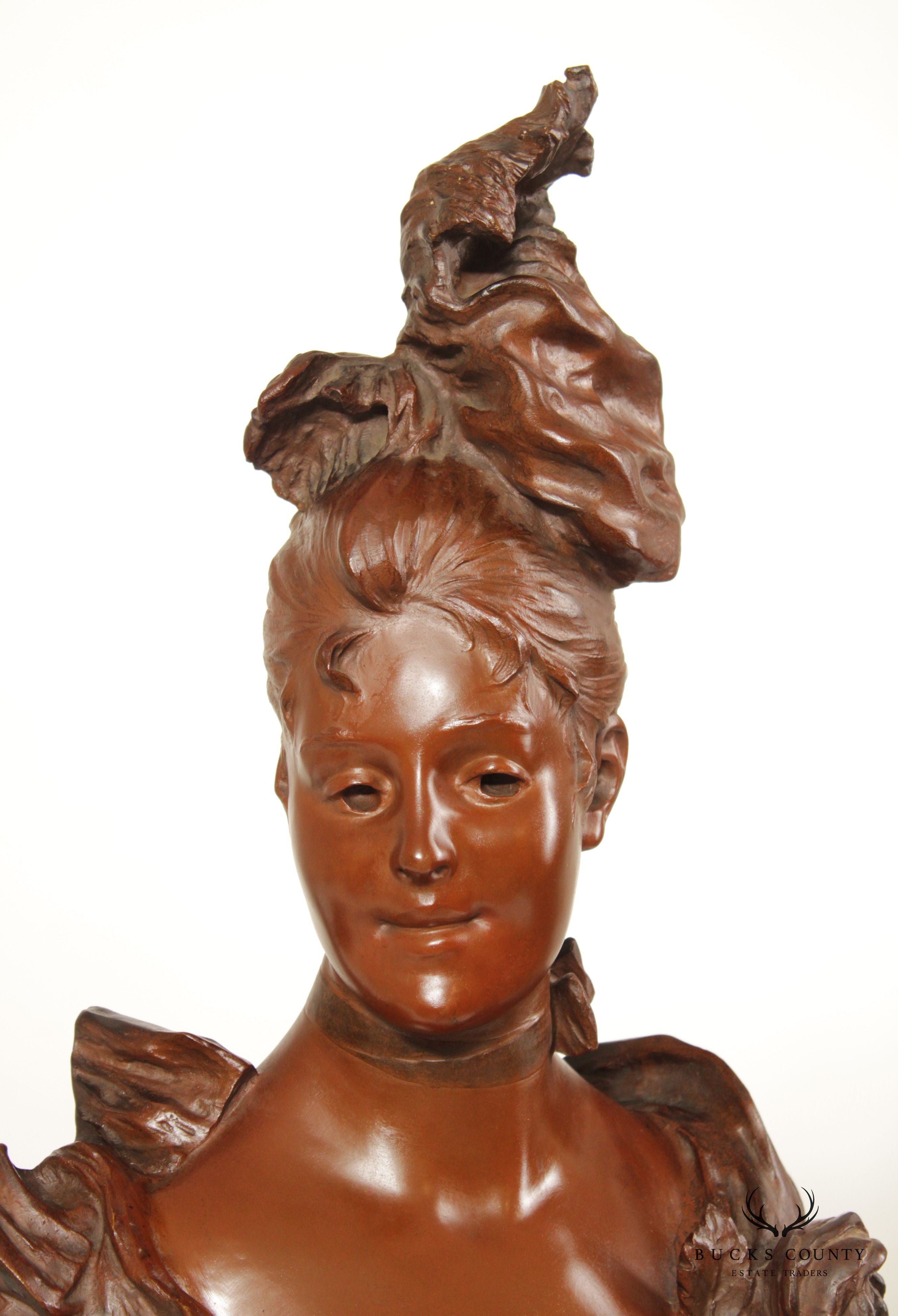 French Art Nouveau Bronze Female Bust Sculpture, After Victor Bruyneel