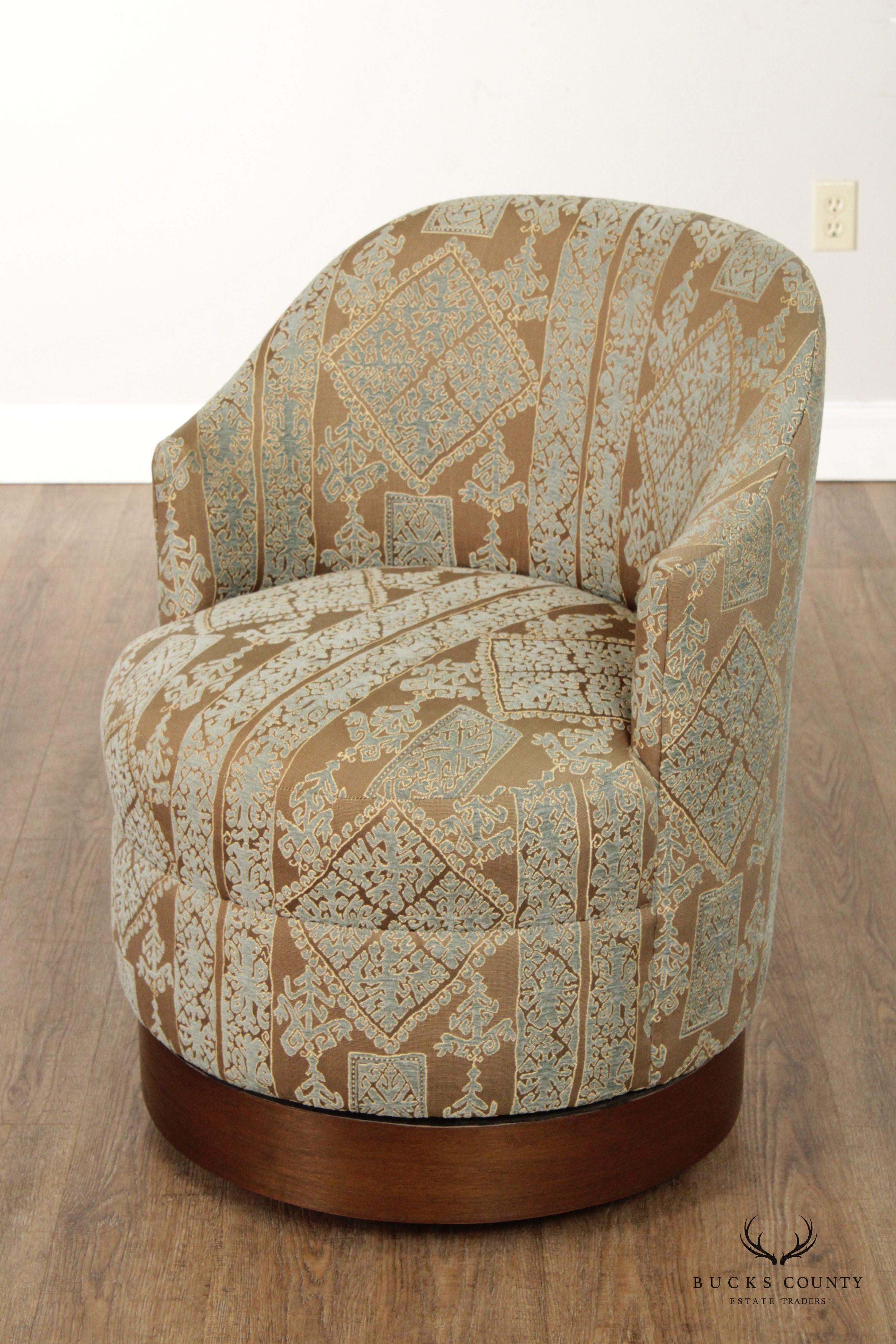 Contemporary Pair Custom Upholstered Swivel Club Chairs