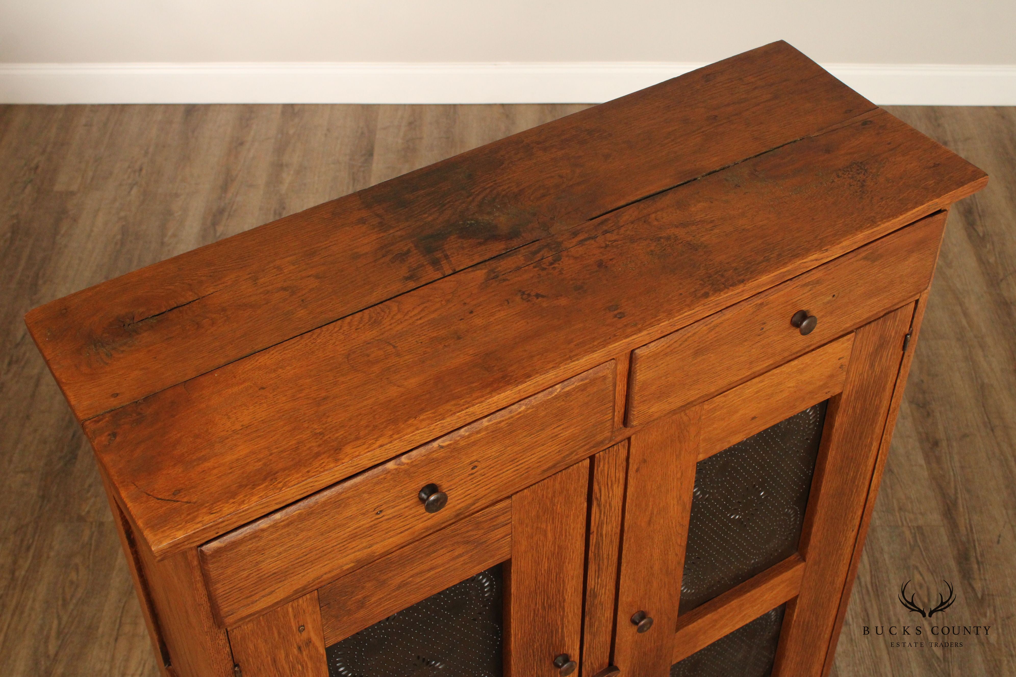 Antique American Oak and Punched Tin Pie Safe Cabinet