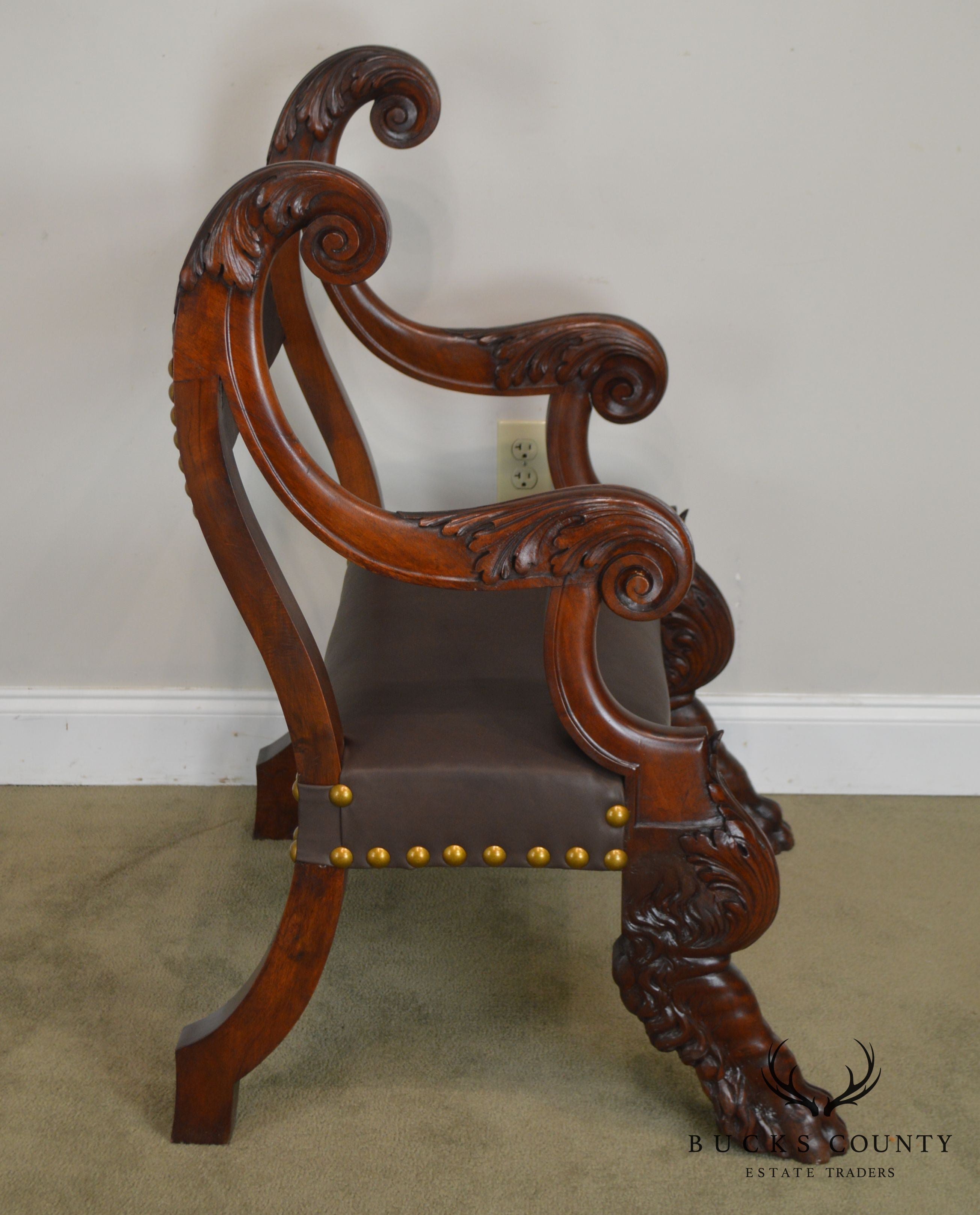 Antique 19th Century Unusual Italian Renaissance Revival Carved Claw Foot Leather Armchair