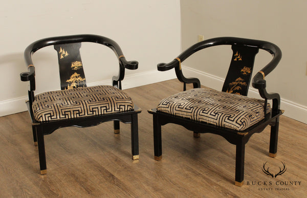 Black Lacquer Chinoiserie Decorated Pair Horseshoe Armchairs
