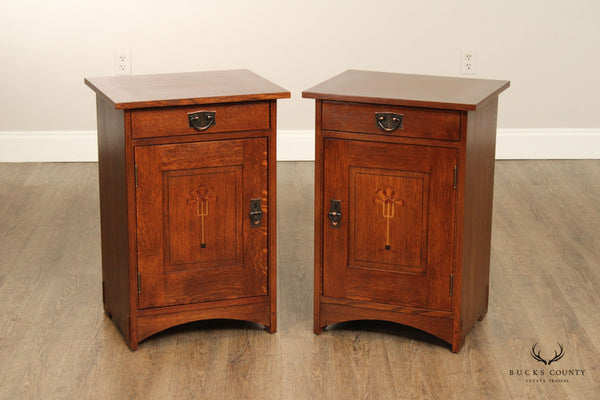 STICKLEY HARVEY ELLIS INLAID OAK PAIR NIGHTSTANDS CABINETS, LIMITED EDITION 2003