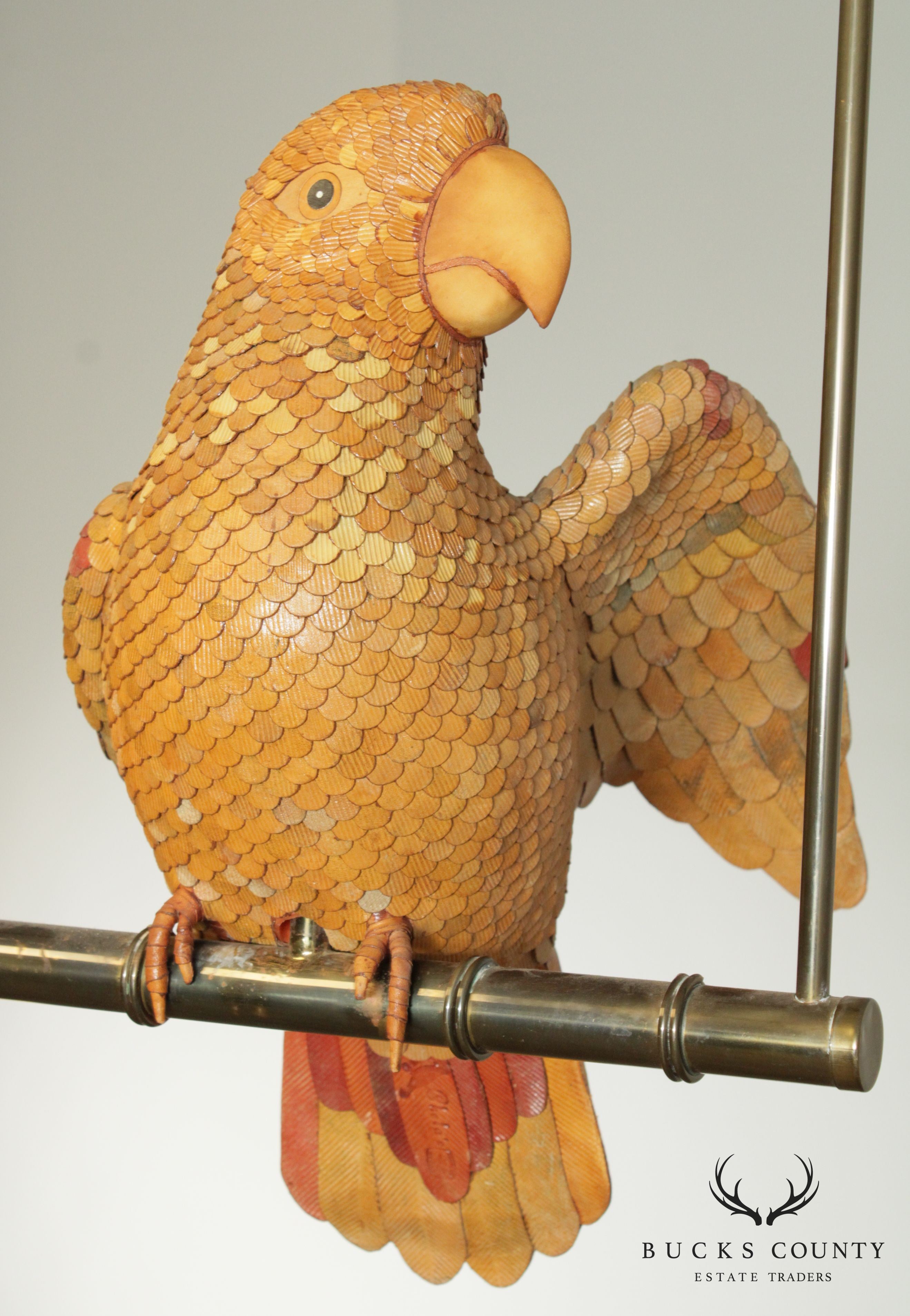 Chela's Vintage Hand Crafted Leather Parrot Sculpture, Brass Perch