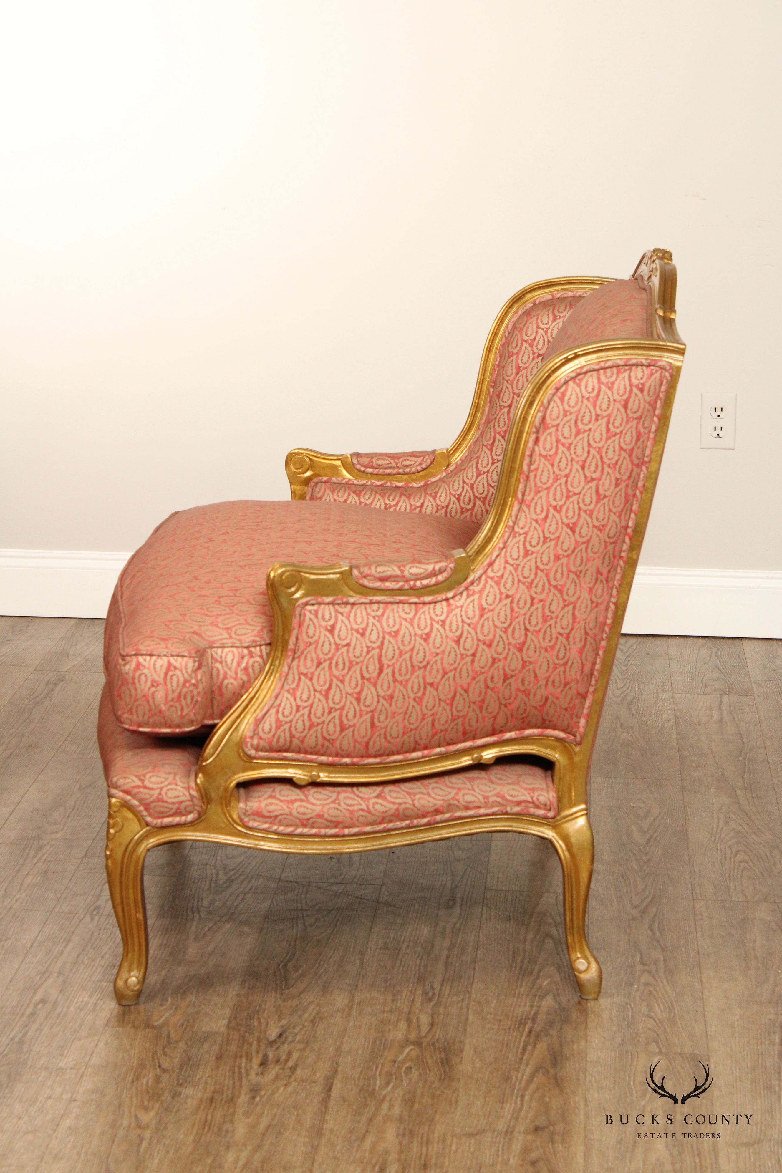 French Louis XV Style Pair of Giltwood Wide Seat Bergere Chairs