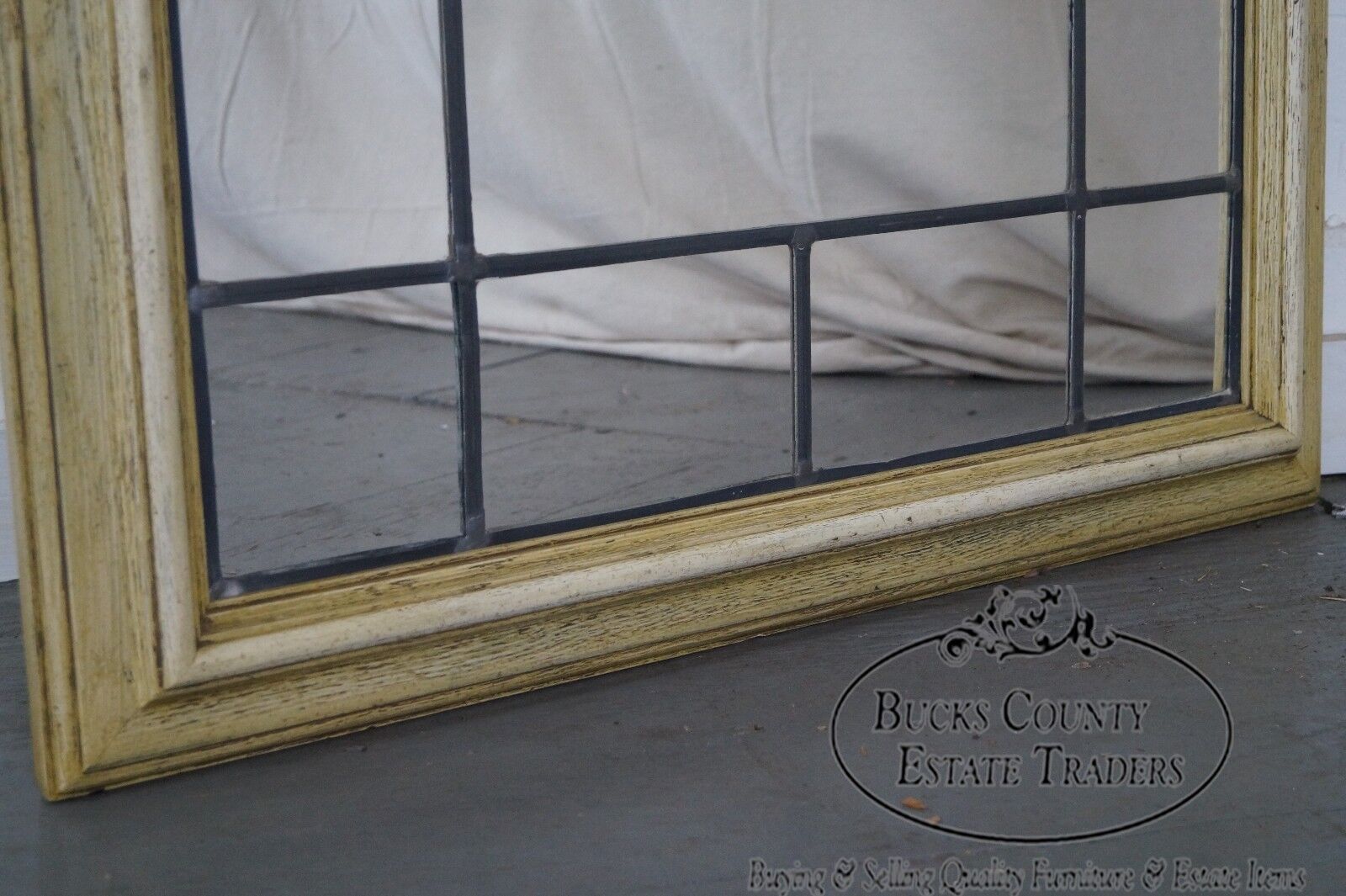 Vintage Cerused Oak Frame Leaded Glass Mirror