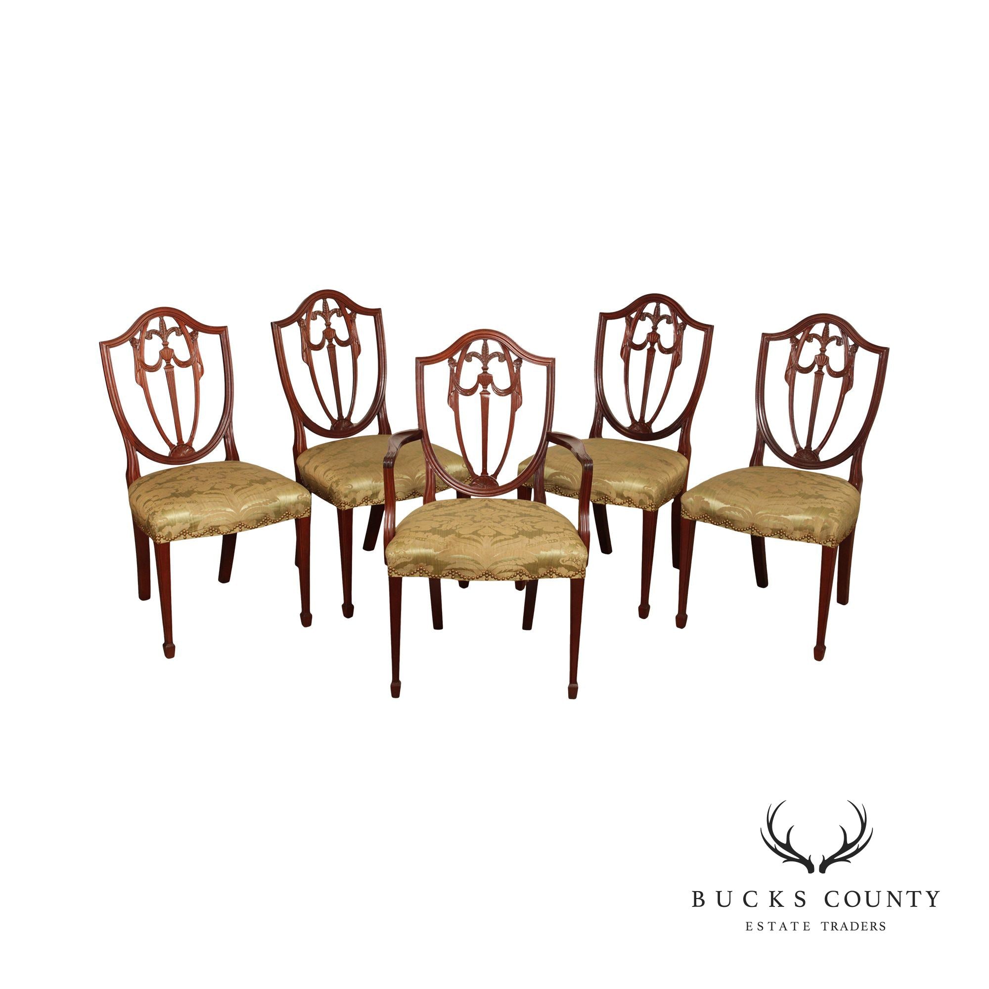 Kindel Hepplewhite Style Set Five Carved Mahogany Shield Back Dining Chairs