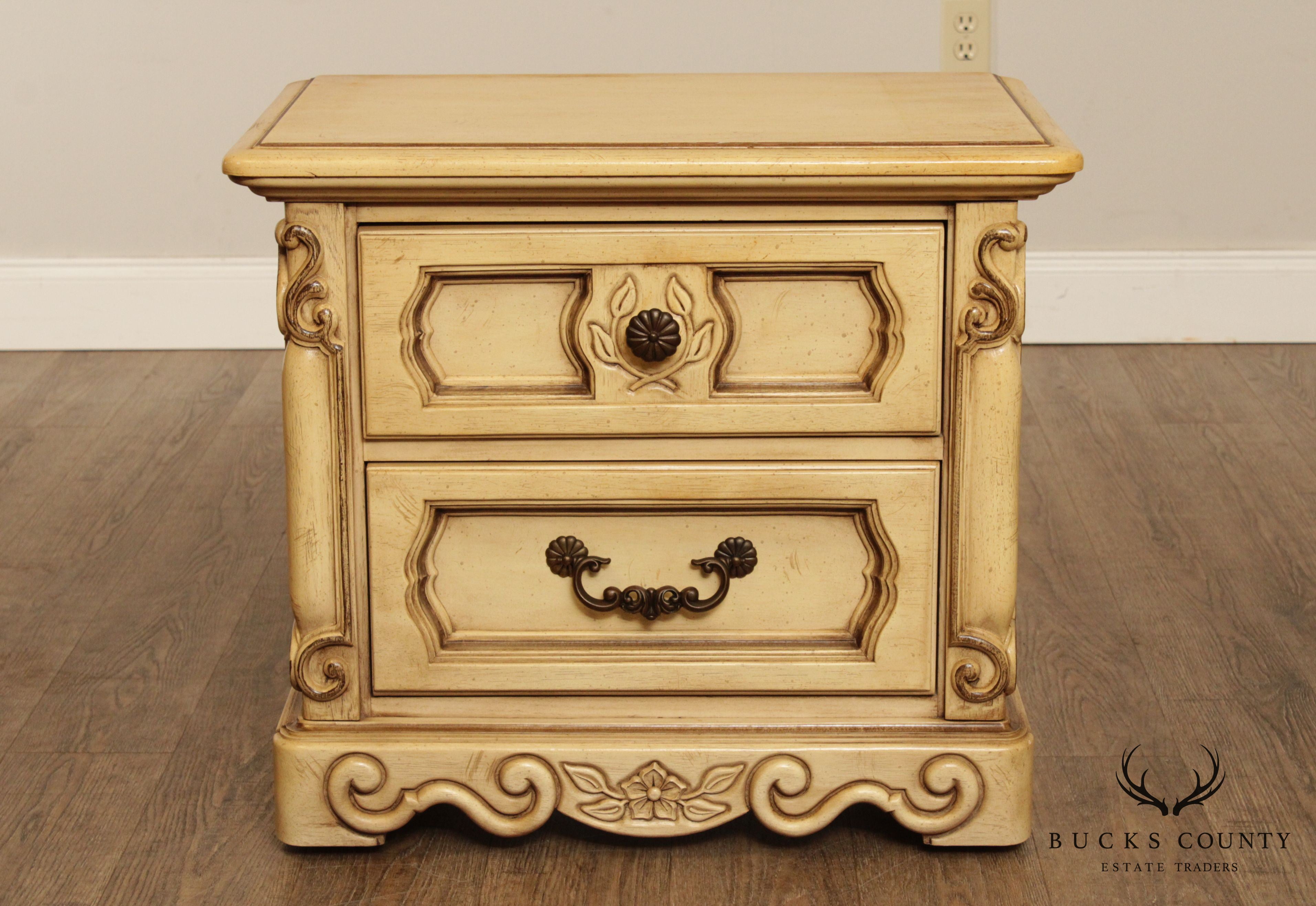 Basic Witz Vintage French Provincial Style Pair of Cream Painted Two Drawer Nightstands