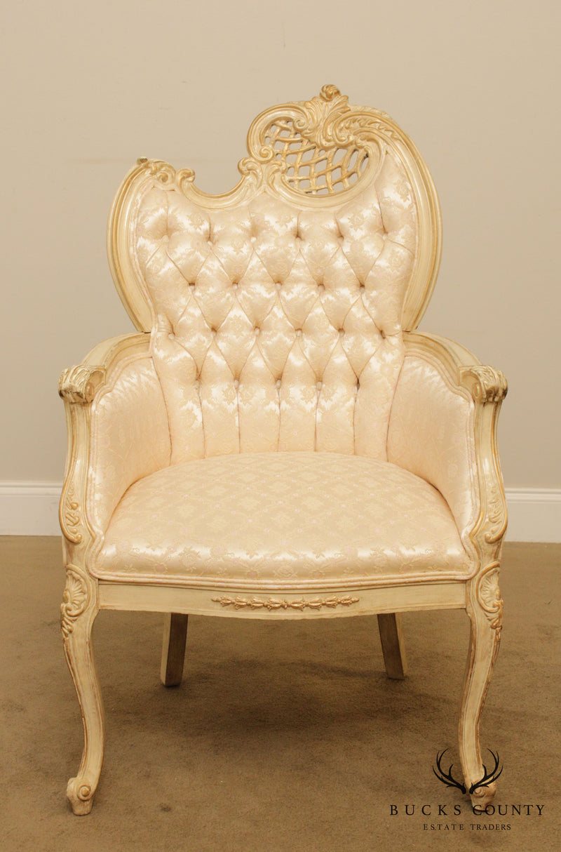 French Louis XV Style Vintage Pair Cream Painted Tufted Fire Side Chairs
