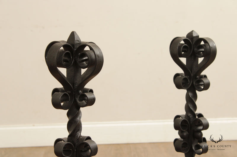 Vintage Gothic Style Pair Wrought Iron Scroll Andirons