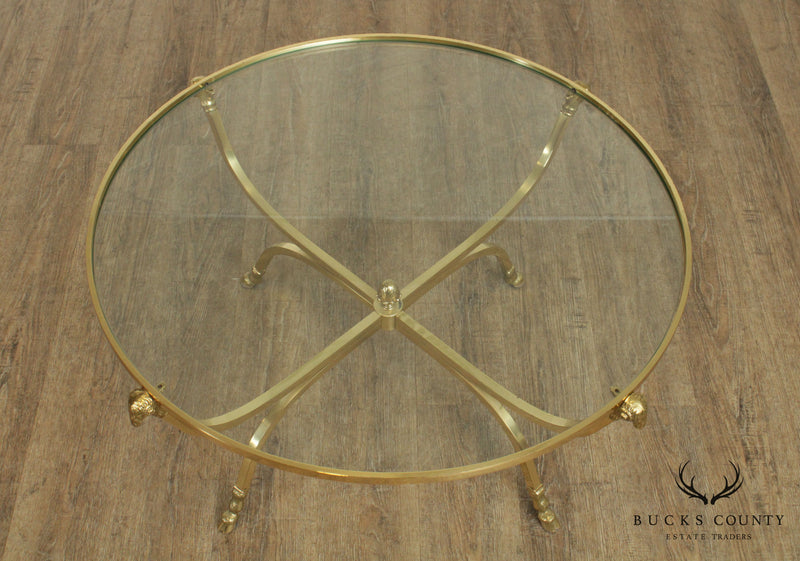 Directoire Style Vintage Brass, Round Glass Top Rams Head Hoof Foot Coffee Table