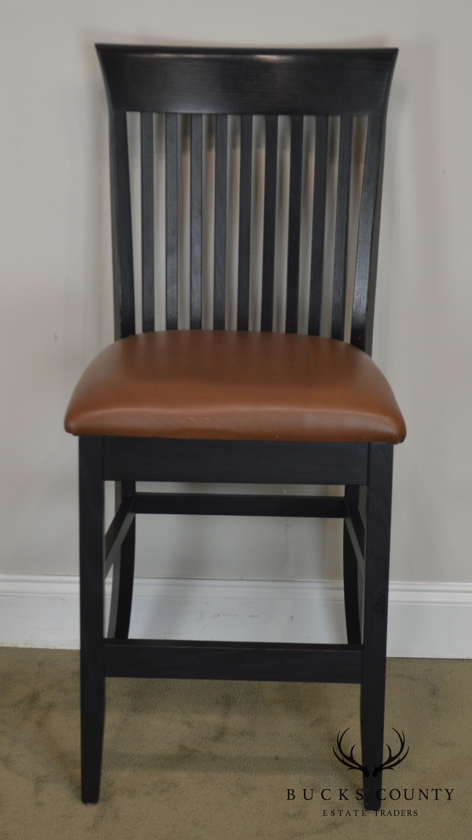 F & N Woodworking Pair Black Bar Stools with Brown Leather Seats