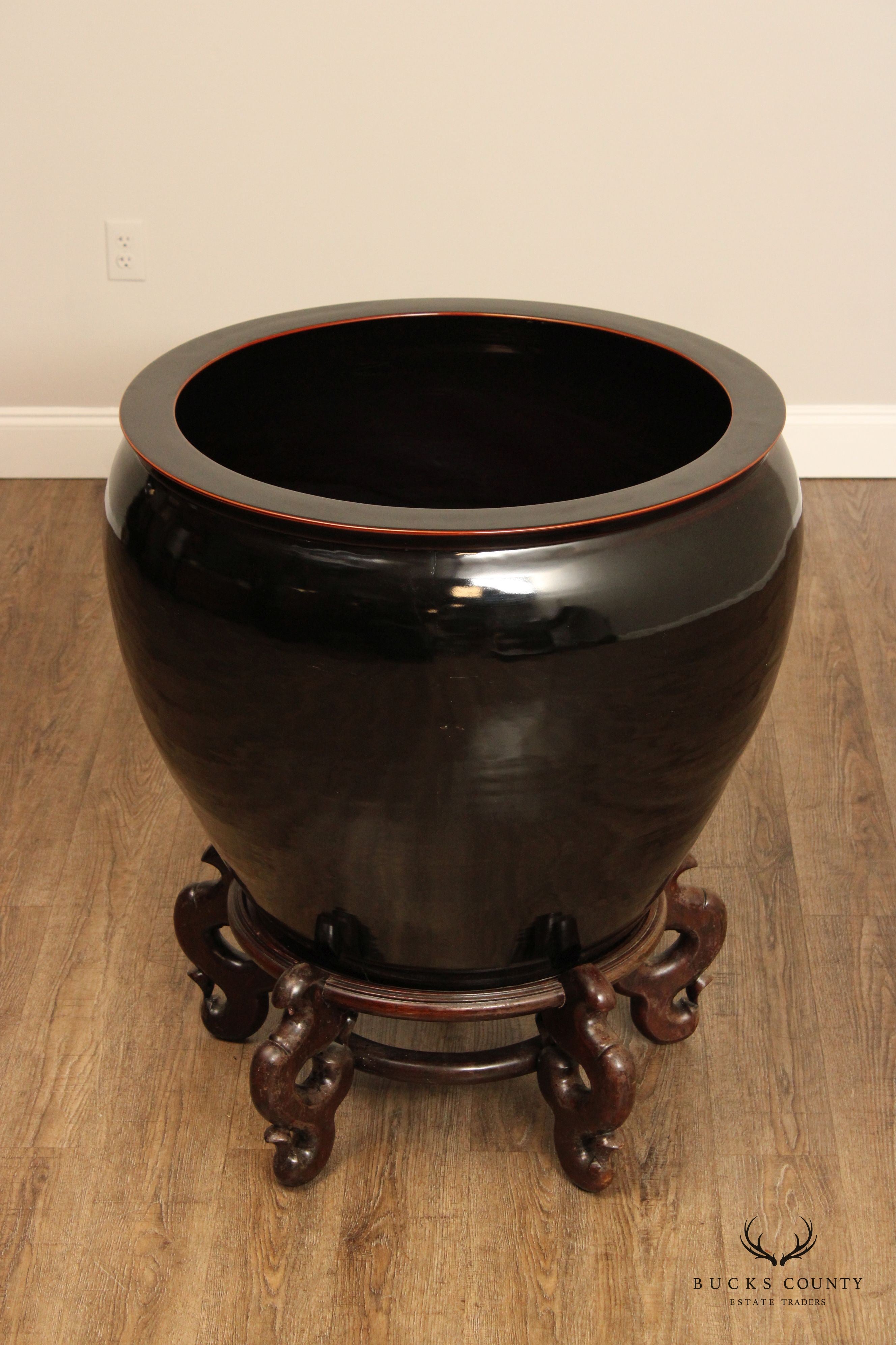 Asian Style Large Black Ceramic Fish Bowl Planter on Stand