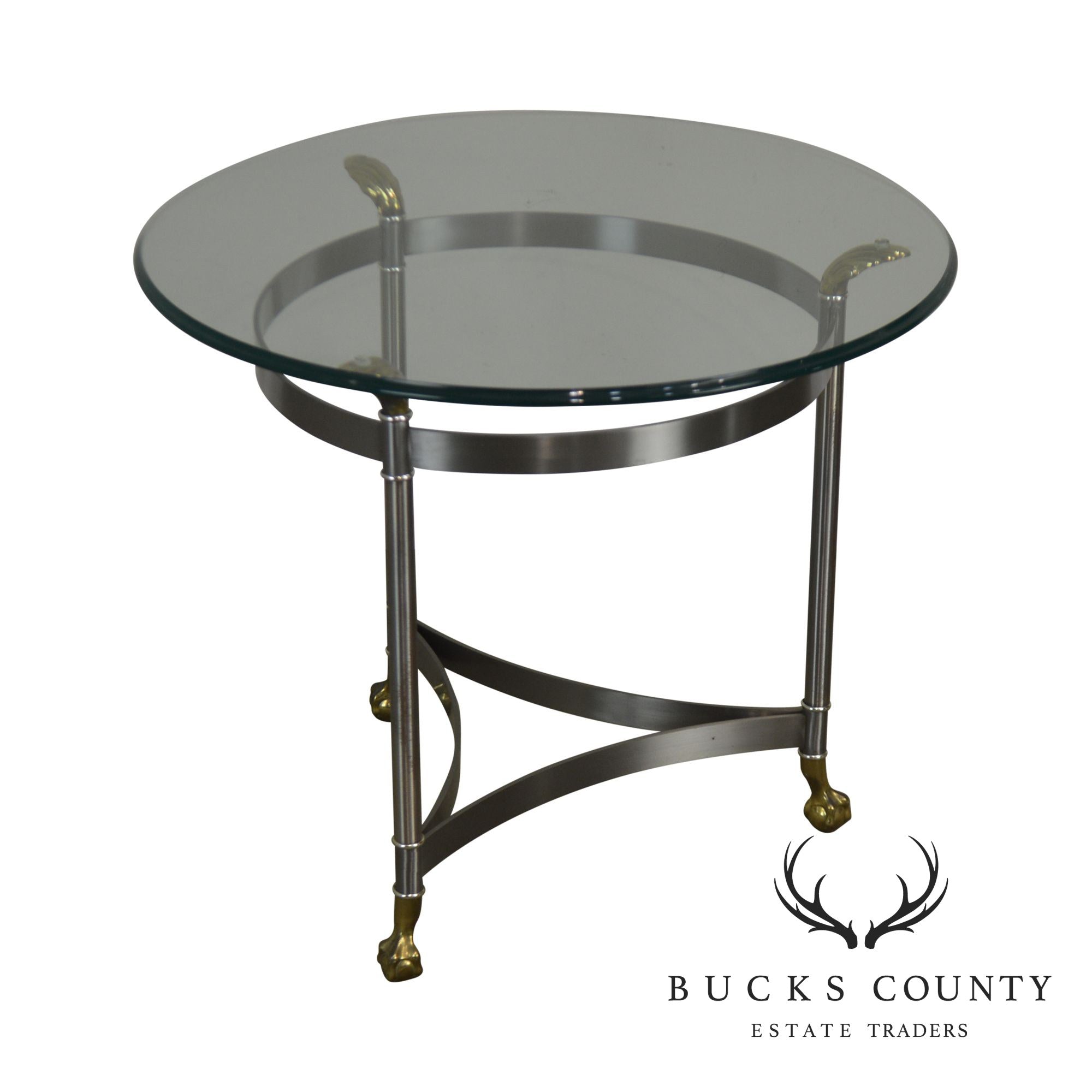 Directoire Style Brushed Steel & Brass Round Glass Top Side Table