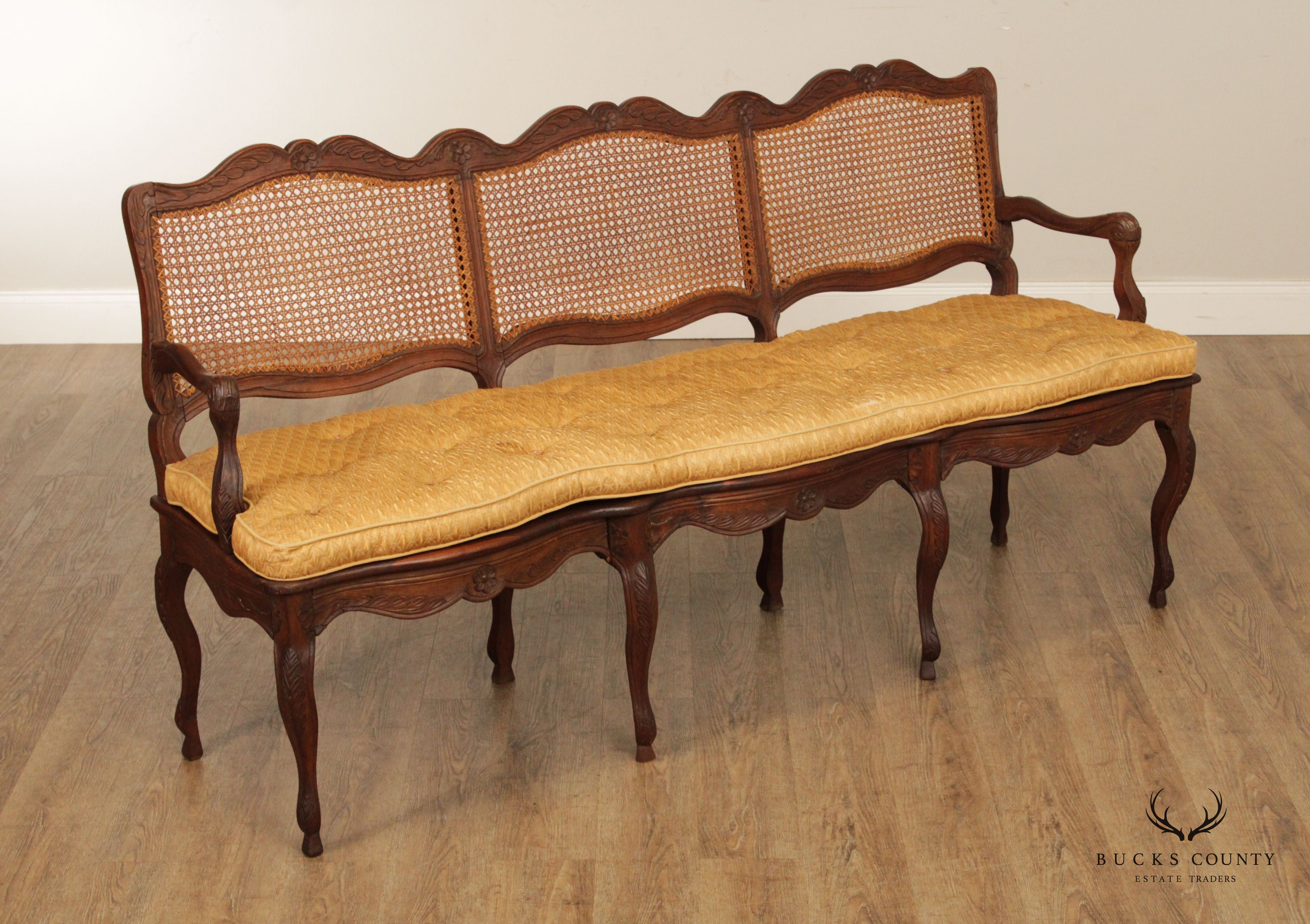 French Louis XV Style Antique Carved and Caned Three-Seat Settee Bench