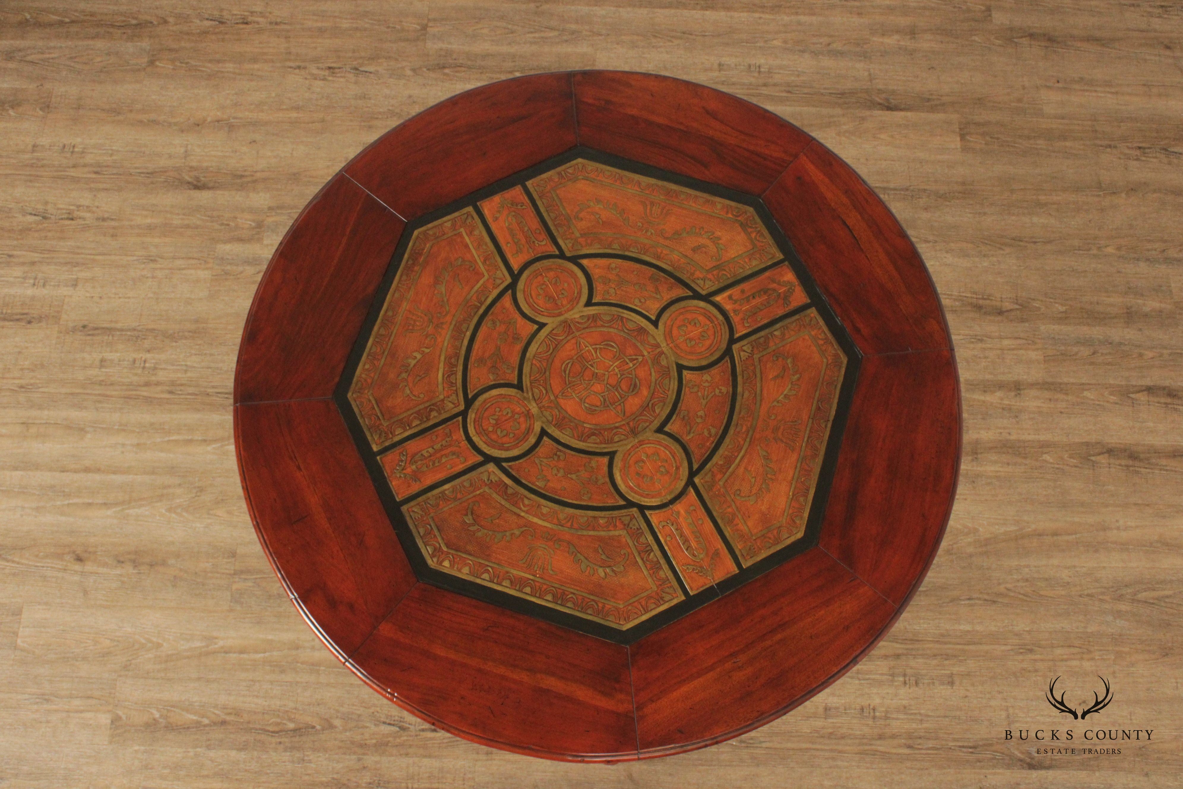 English Style Tooled Leather Round Mahogany Center Table