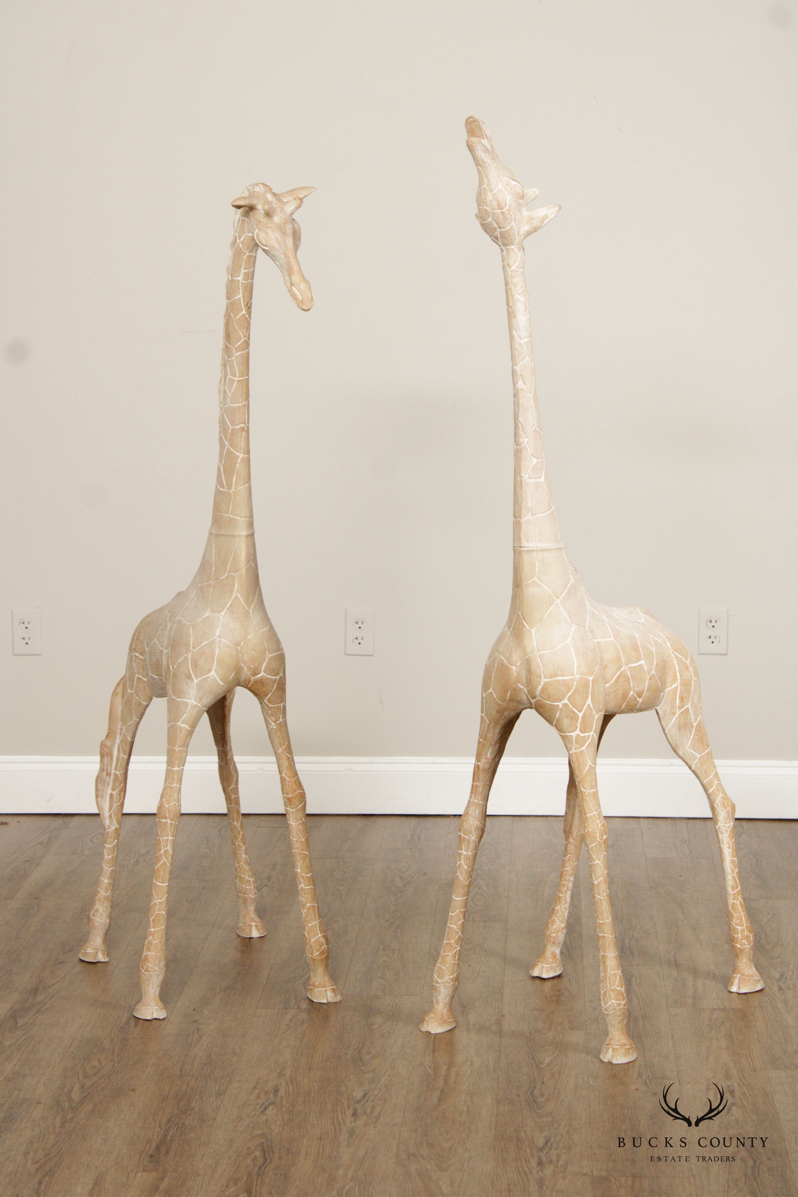 Pair of Tall Vintage Carved Wood Giraffe Sculptures