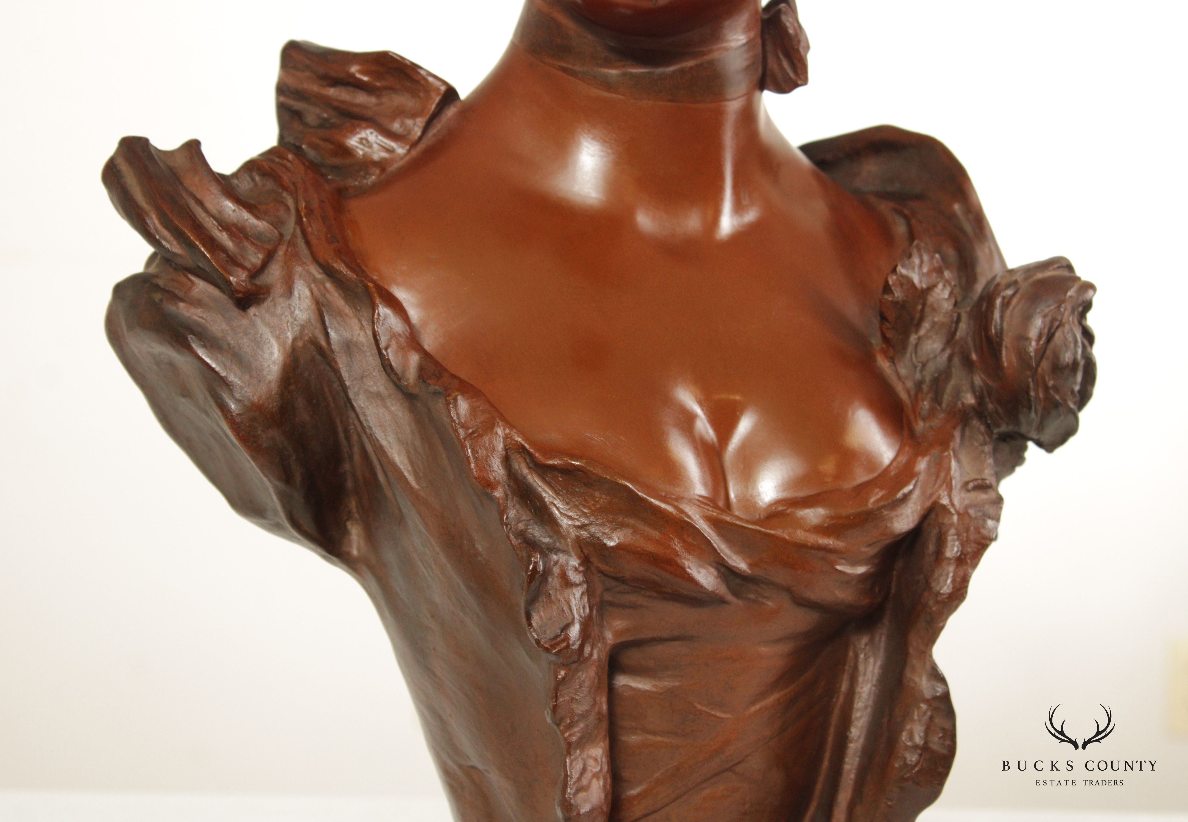 French Art Nouveau Bronze Female Bust Sculpture, After Victor Bruyneel