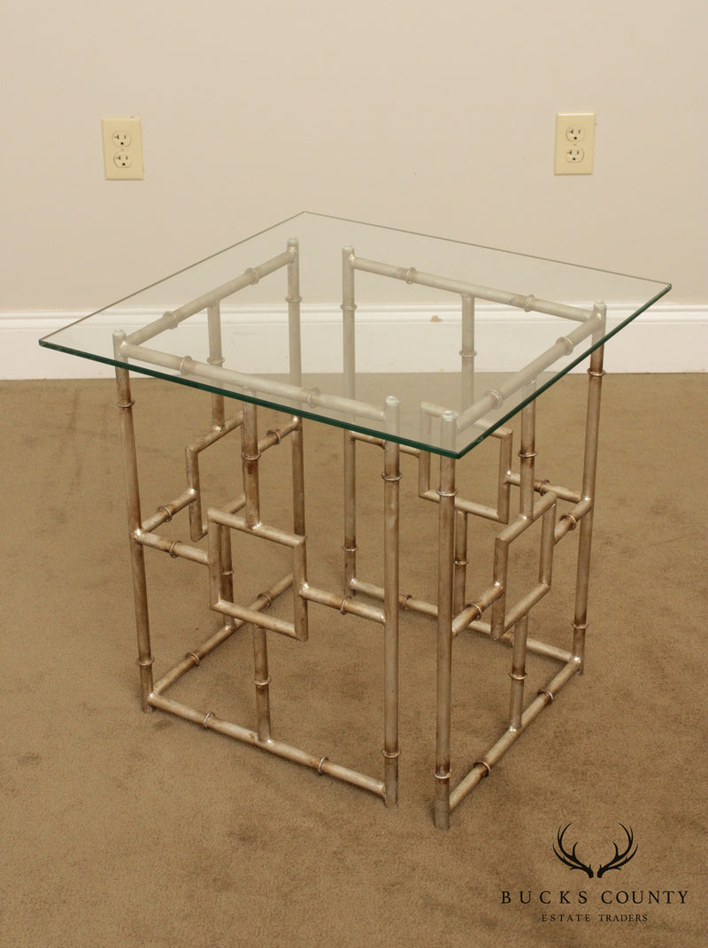 Hollywood Regency Style Faux Bamboo Silver Gilt Pair Glass Top Side Tables
