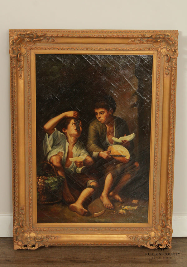 Vintage 20th C. 'Children Eating Grapes and a Melon' Original Painting after Murillo