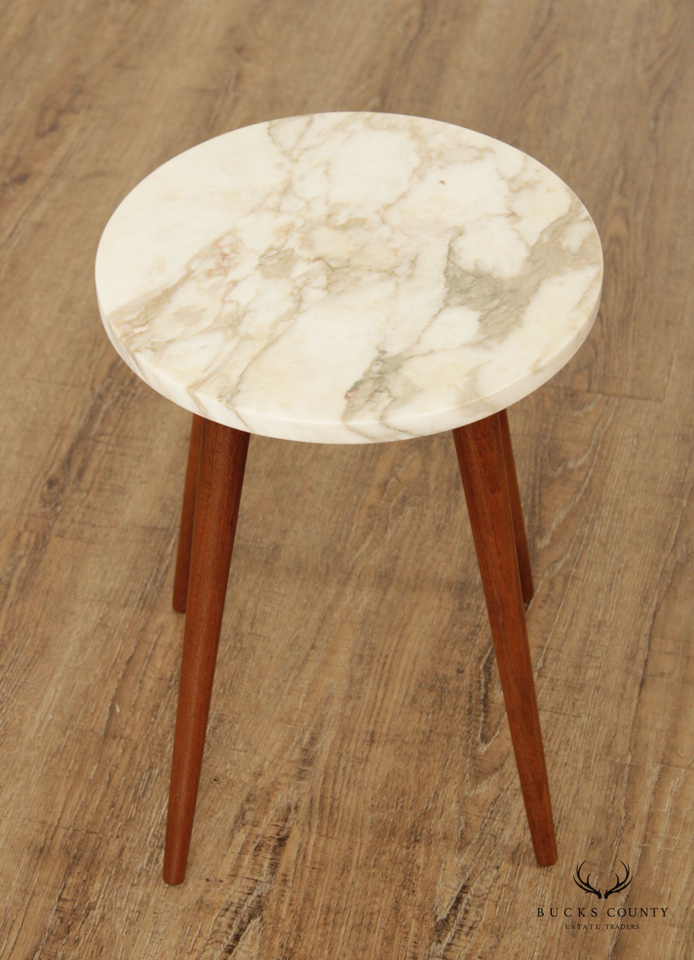 Mid Century Modern Marble Top Walnut Plant Stand or Side Table